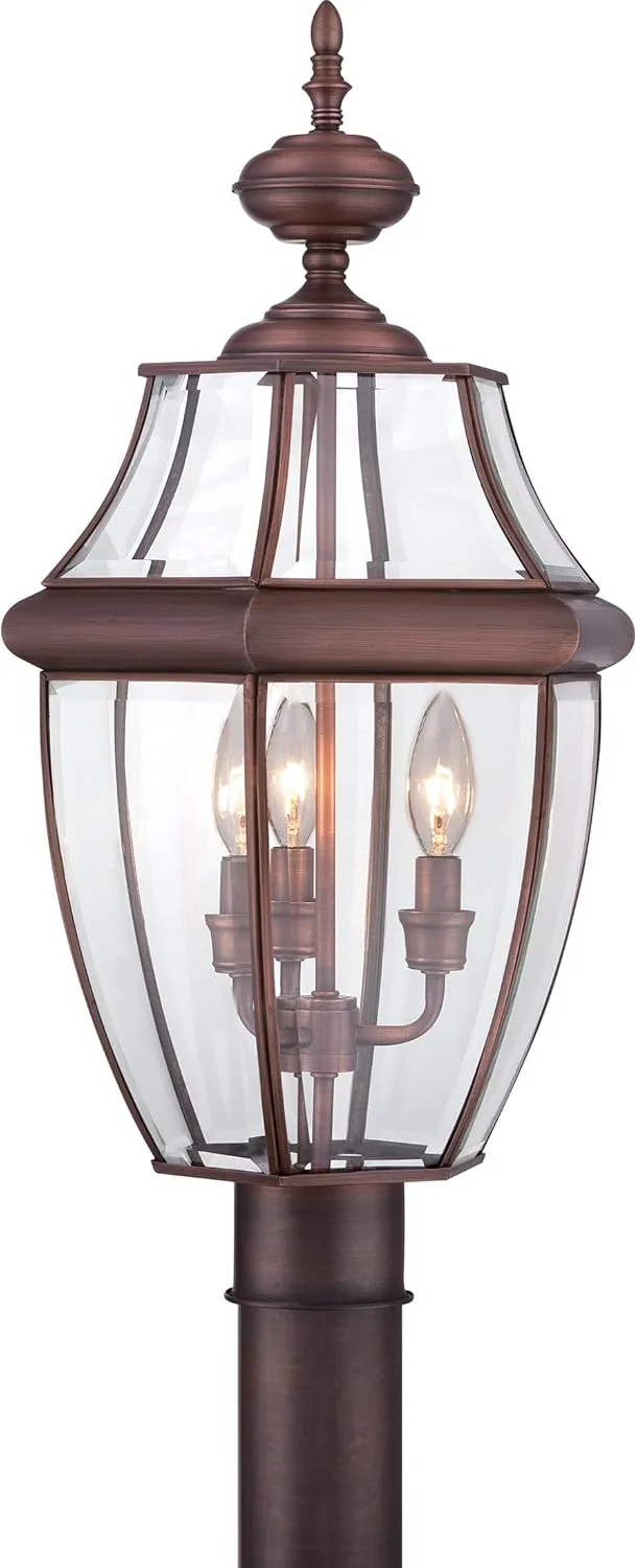 Quoizel Newbury Outdoor Post Lantern, 23 Inch 3-Light Aged Copper French Country Lamp Post, Outside Pole Light Fixture for Patio, Porch, Fences, Garden, Pool, Entryway or Driveway