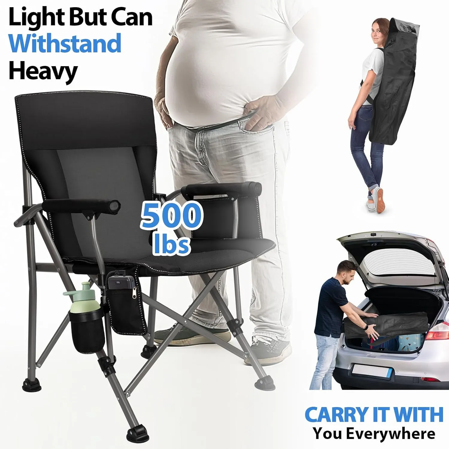 QUYUAN Camping Chair for Adult, Heavy Duty Folding Chair for 500lbs, Comfortable Lawn Chairs with Fully Padded, Compact Camp Chairs for Outdoor Sports, Fishing, Concerts, Beach (Without Heated)