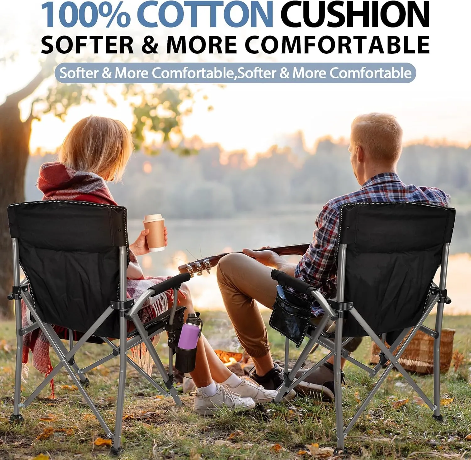 QUYUAN Camping Chair for Adult, Heavy Duty Folding Chair for 500lbs, Comfortable Lawn Chairs with Fully Padded, Compact Camp Chairs for Outdoor Sports, Fishing, Concerts, Beach (Without Heated)