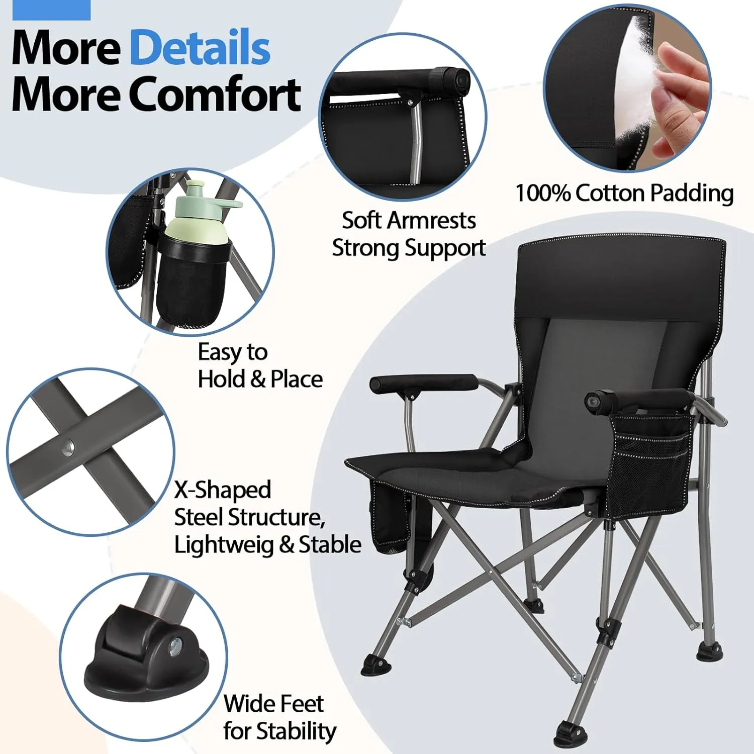 QUYUAN Camping Chair for Adult, Heavy Duty Folding Chair for 500lbs, Comfortable Lawn Chairs with Fully Padded, Compact Camp Chairs for Outdoor Sports, Fishing, Concerts, Beach (Without Heated)