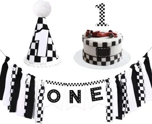 Race Car Birthday Highchair Banner Hat Checkered Candle One Birthday Highchair Photo Prop for Racing Theme Party Decorations (Car)