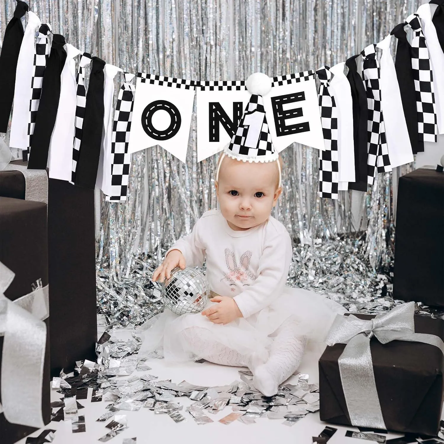 Race Car Birthday Highchair Banner Hat Checkered Candle One Birthday Highchair Photo Prop for Racing Theme Party Decorations (Car)