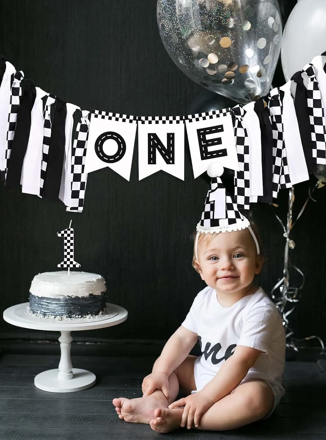Race Car Birthday Highchair Banner Hat Checkered Candle One Birthday Highchair Photo Prop for Racing Theme Party Decorations (Car)