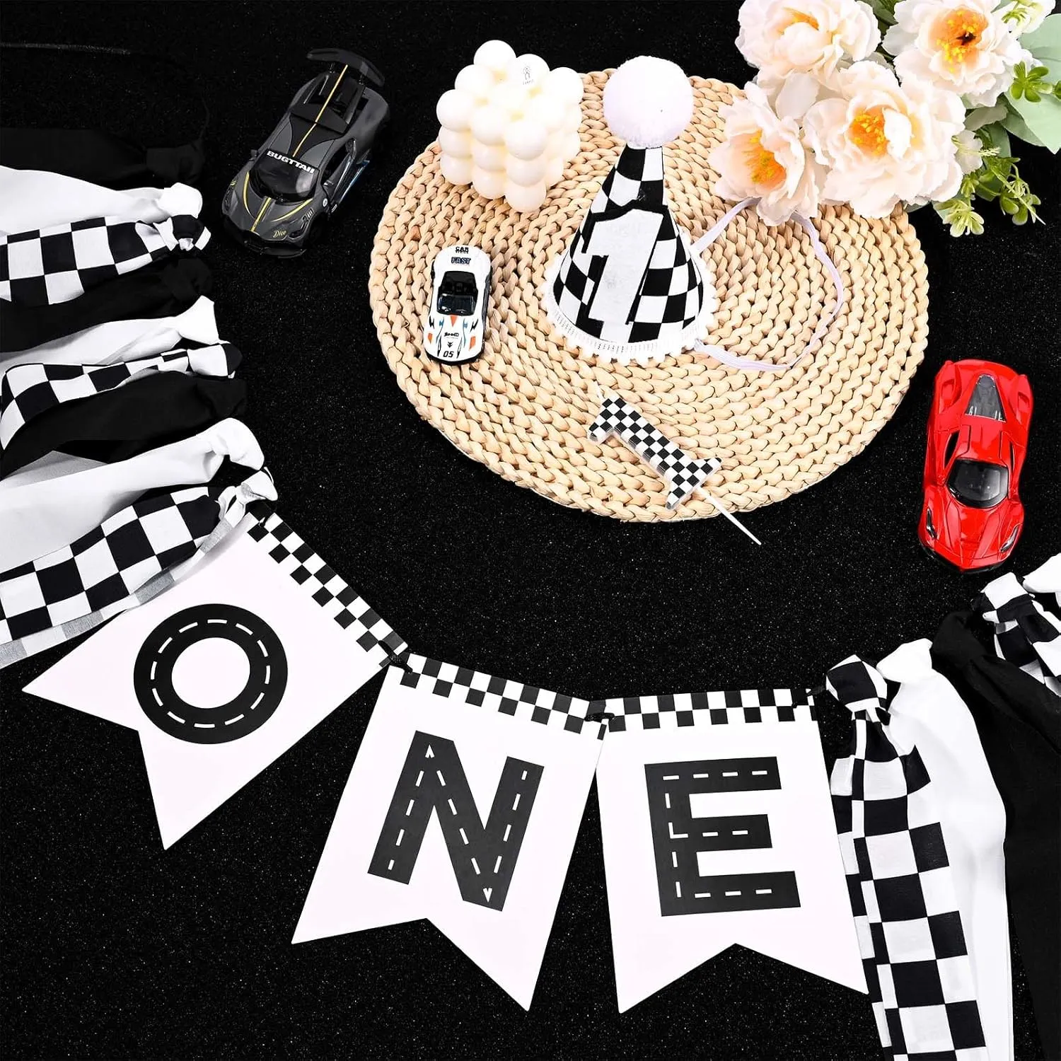 Race Car Birthday Highchair Banner Hat Checkered Candle One Birthday Highchair Photo Prop for Racing Theme Party Decorations (Car)