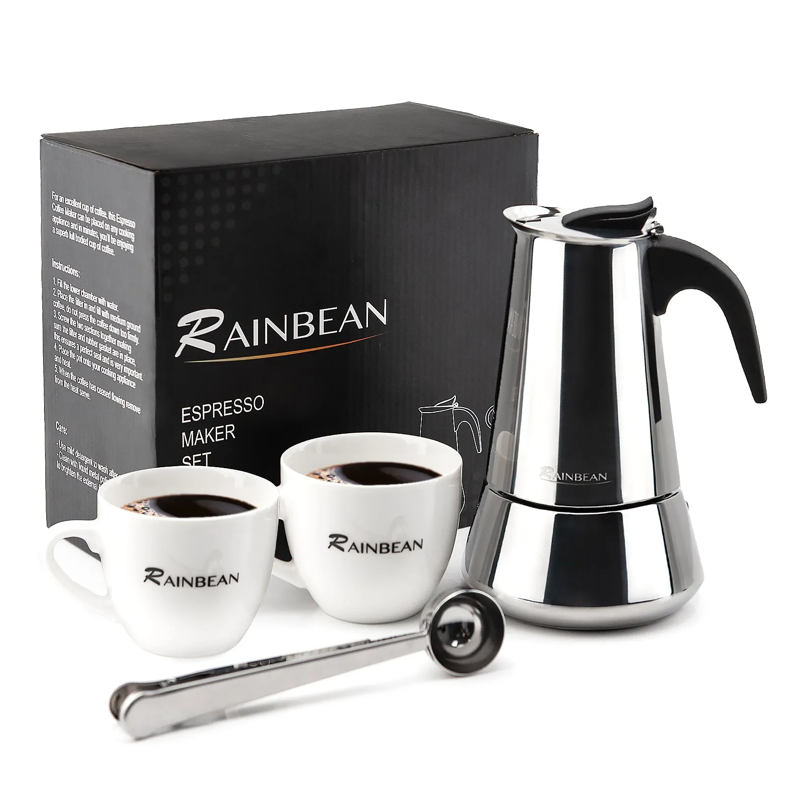 RAINBEAN Stovetop Espresso Maker stainless steel 6 Cup Espresso Moka Pot for Full Flavored Espresso (2 cups,1 spoon)