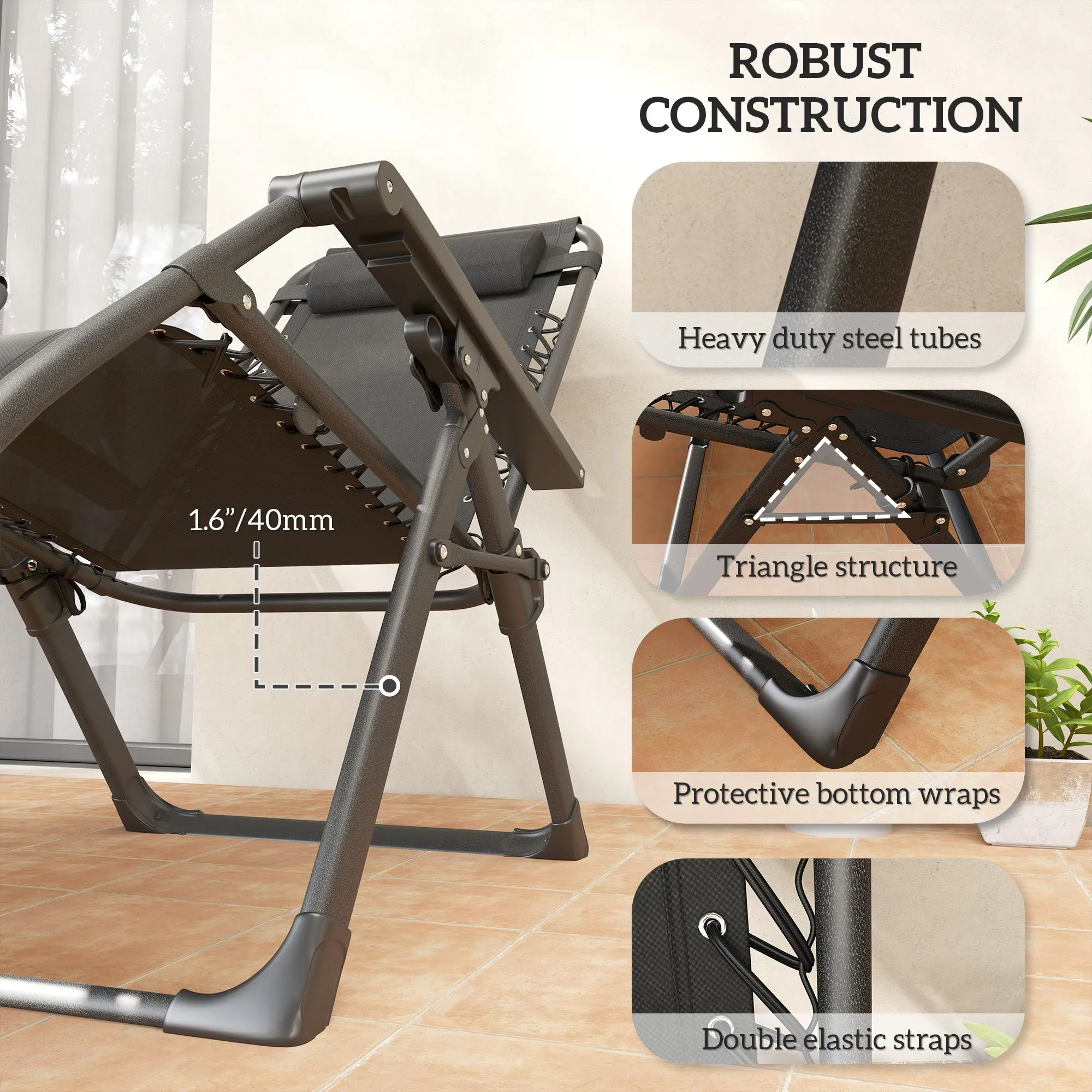 Reclining Folding Outdoor Lounge Chairs with Cushion, Headrest & Side Tray, Gray