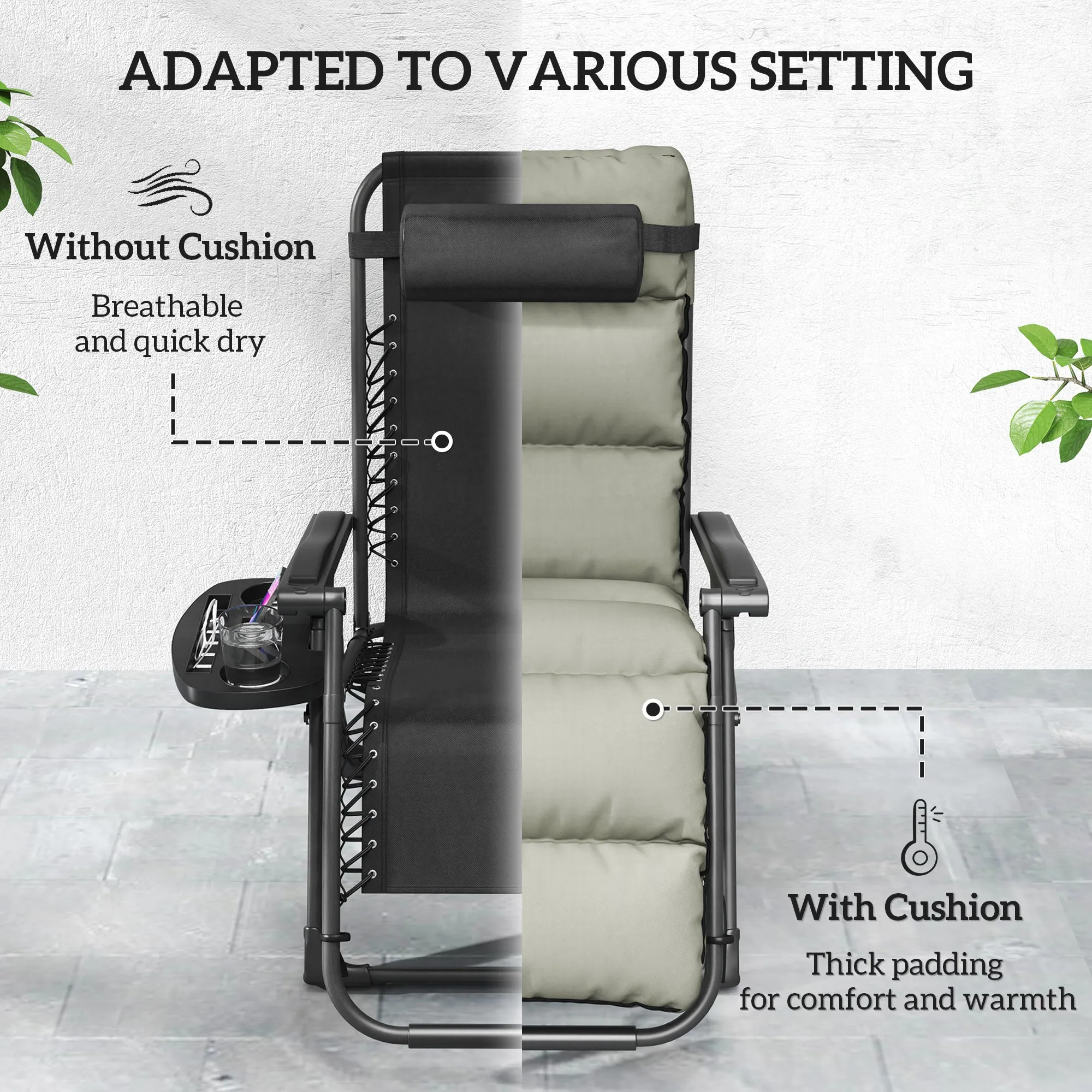 Reclining Folding Outdoor Lounge Chairs with Cushion, Headrest & Side Tray, Gray
