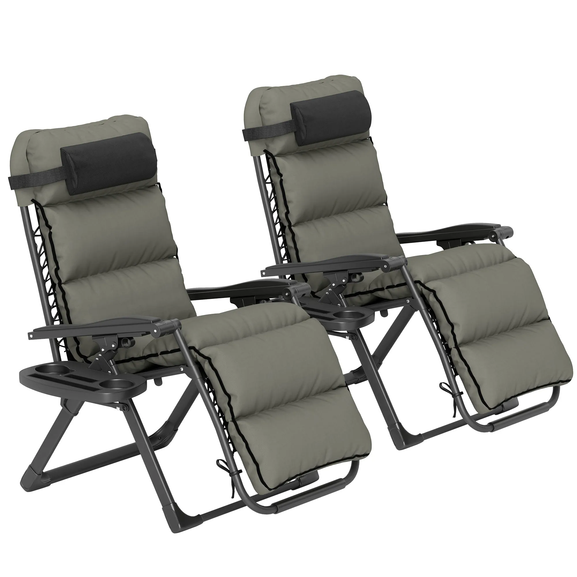 Reclining Folding Outdoor Lounge Chairs with Cushion, Headrest & Side Tray, Gray