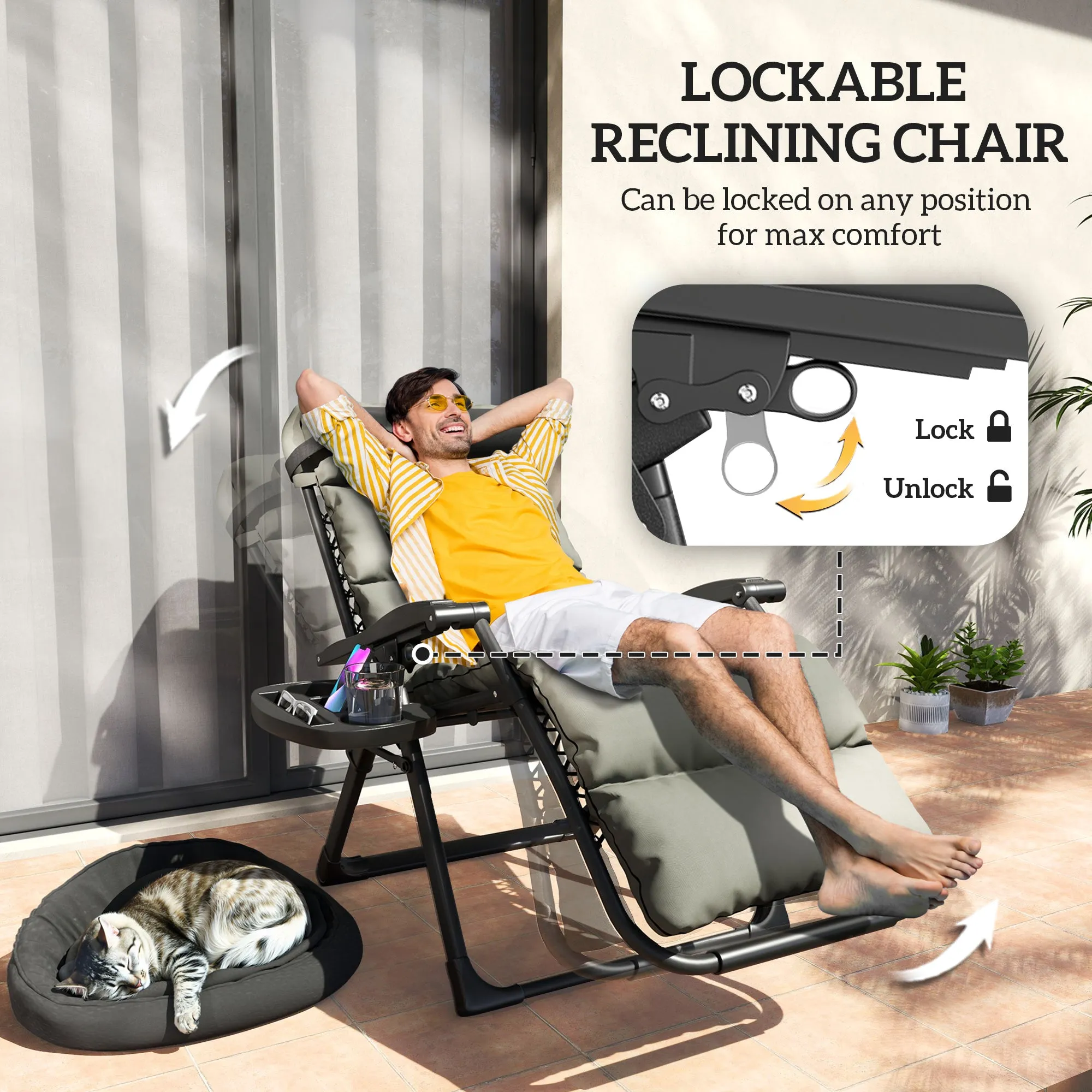 Reclining Folding Outdoor Lounge Chairs with Cushion, Headrest & Side Tray, Gray