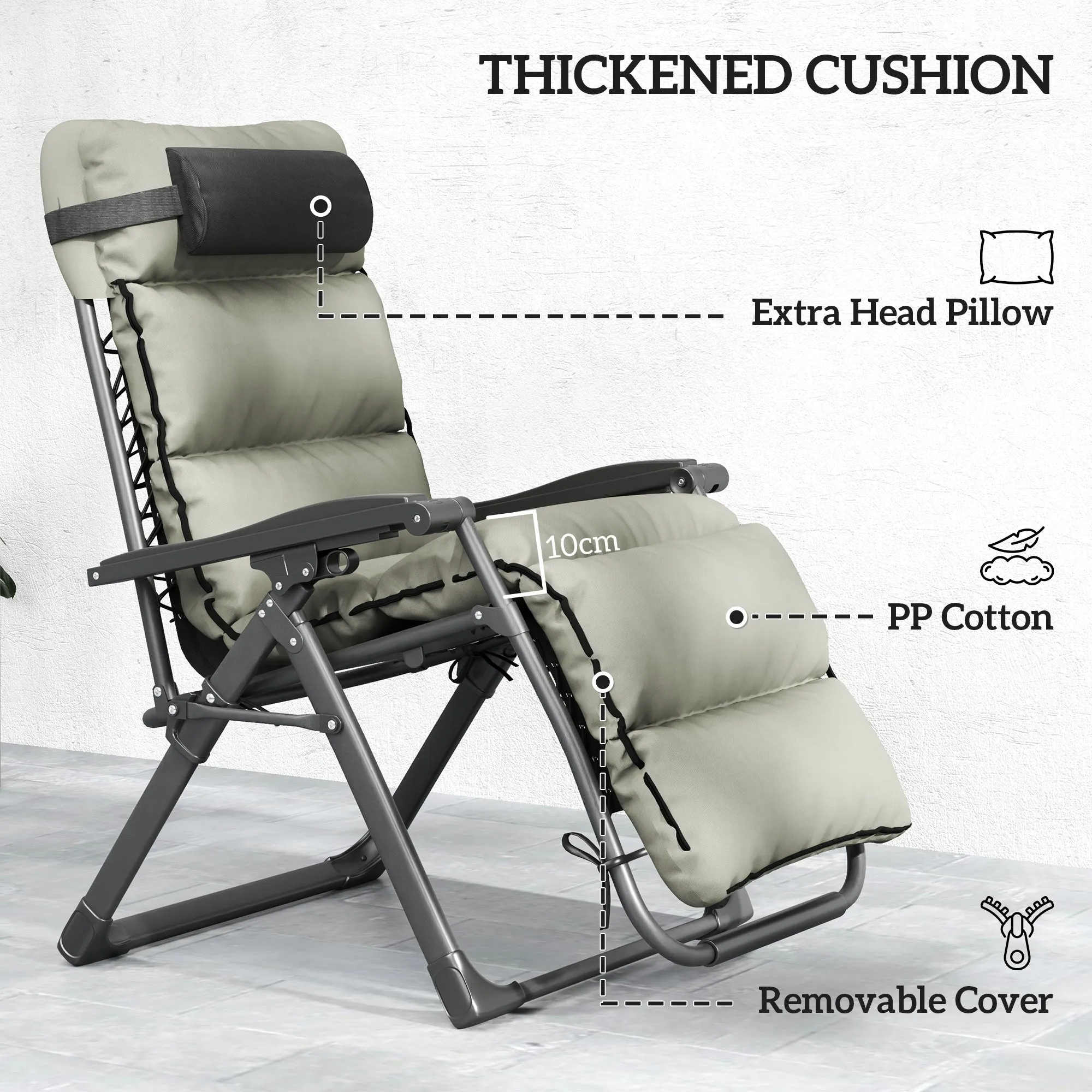 Reclining Folding Outdoor Lounge Chairs with Cushion, Headrest & Side Tray, Gray