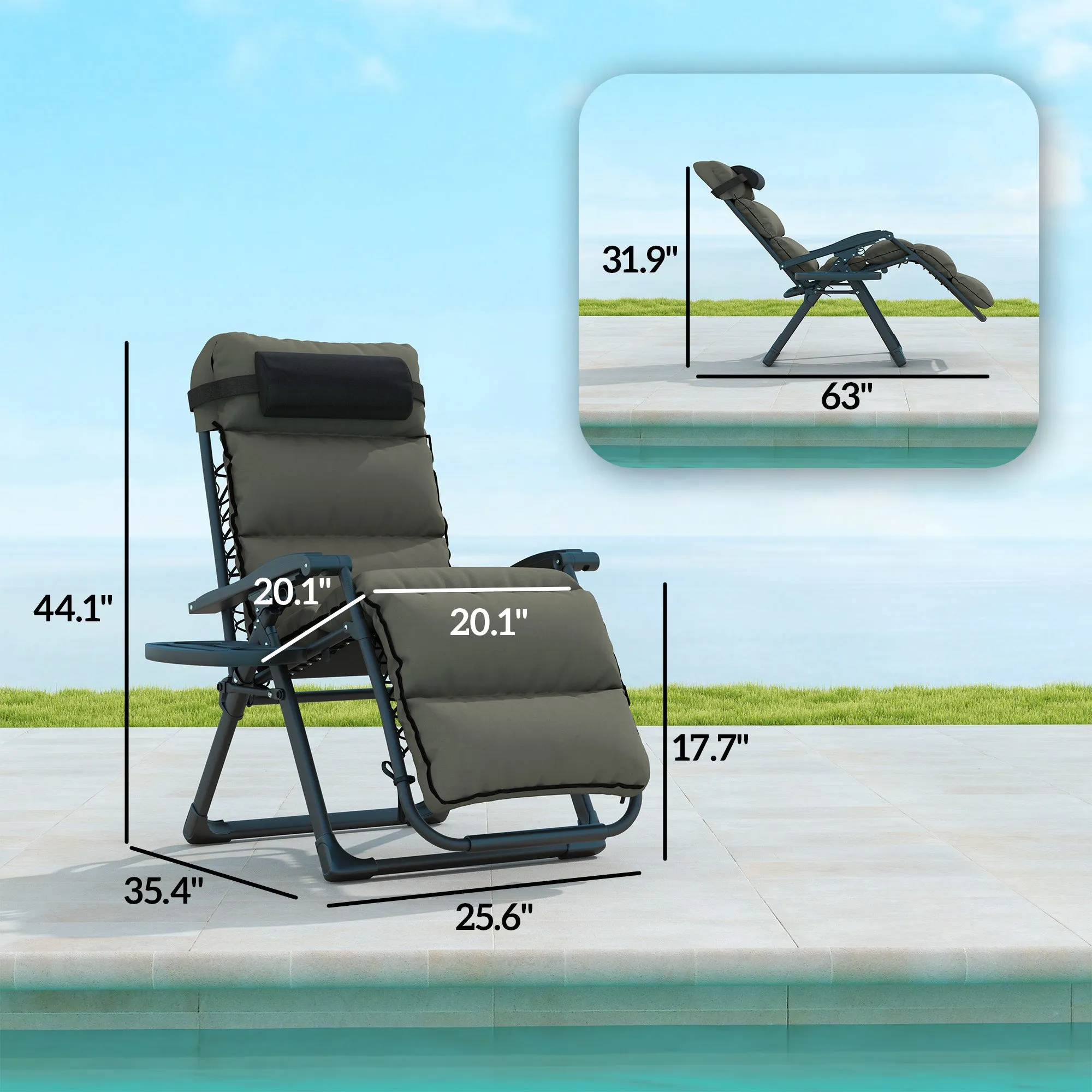 Reclining Folding Outdoor Lounge Chairs with Cushion, Headrest & Side Tray, Gray