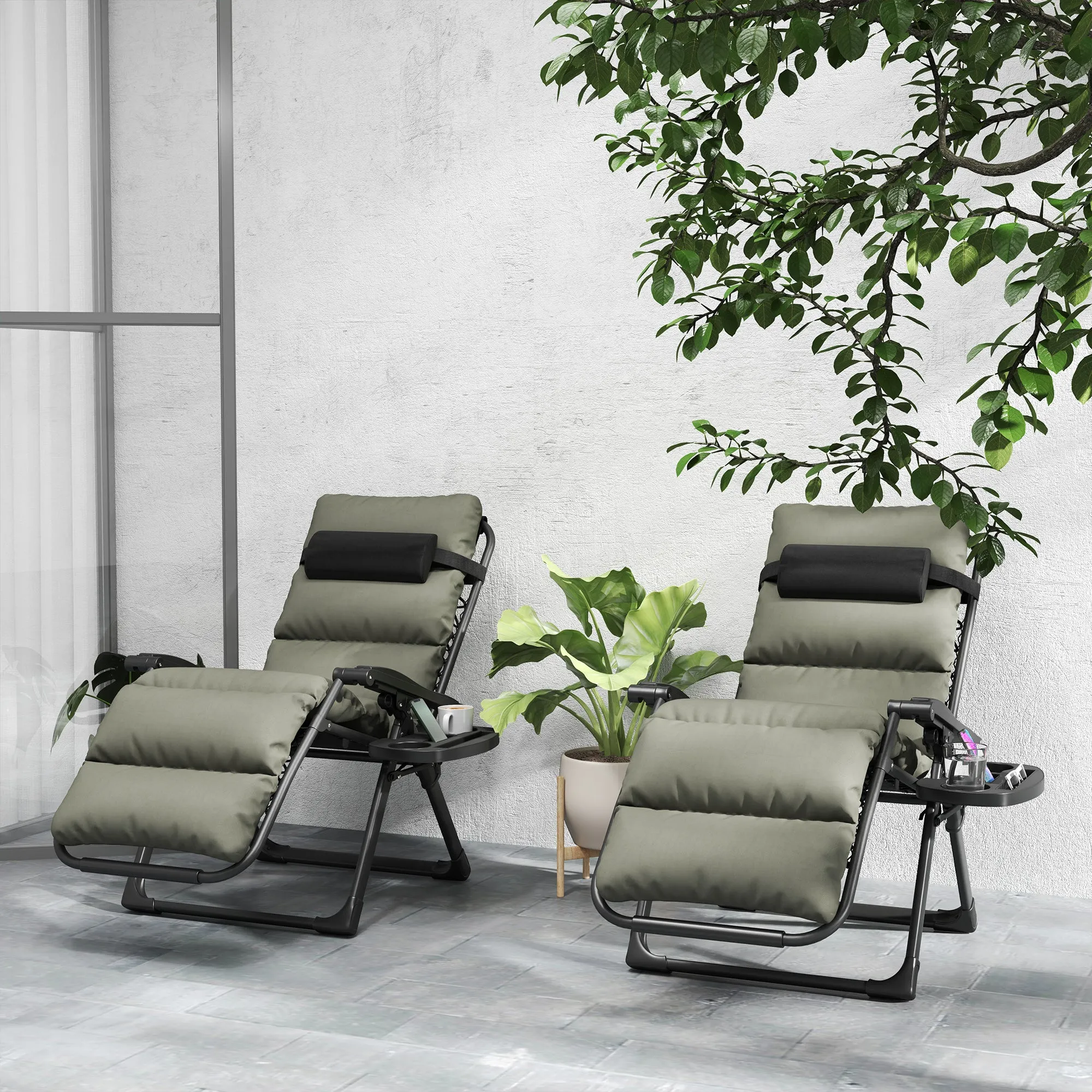 Reclining Folding Outdoor Lounge Chairs with Cushion, Headrest & Side Tray, Gray