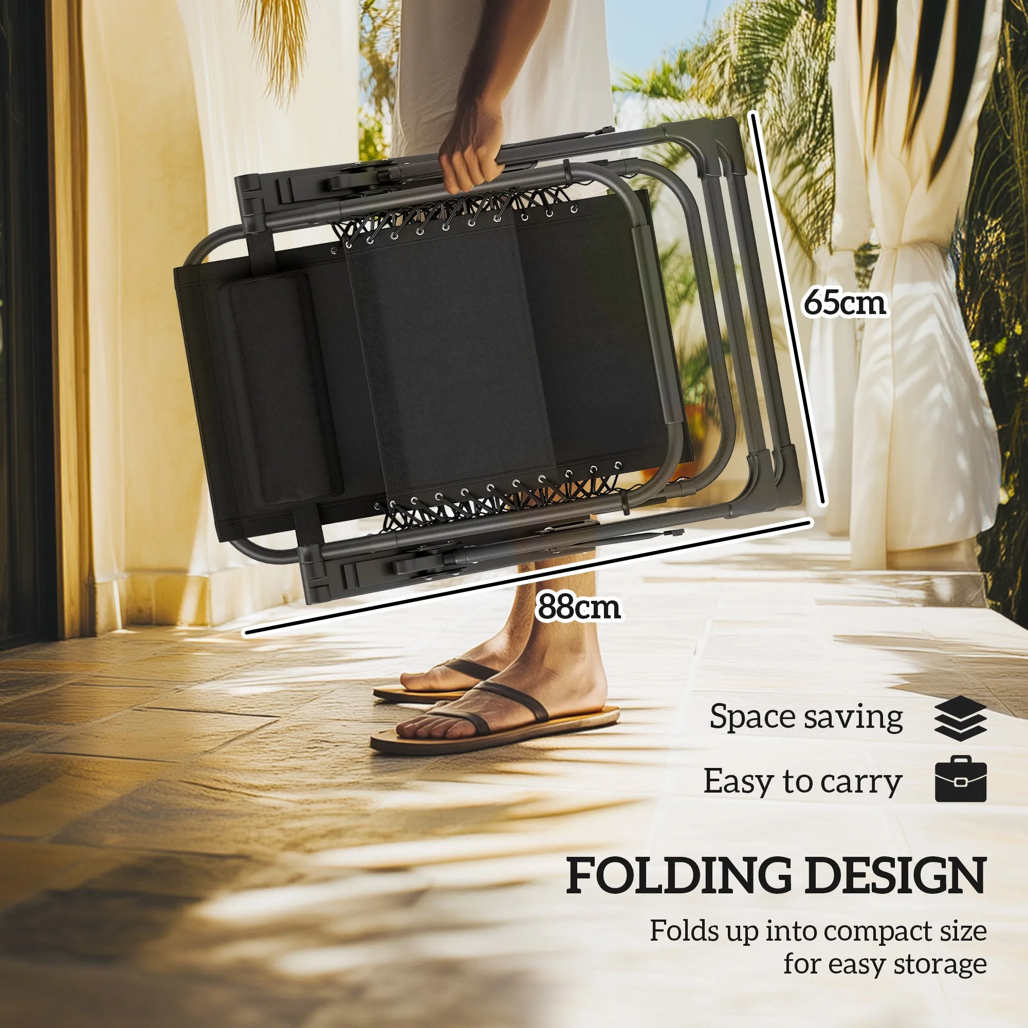 Reclining Folding Outdoor Lounge Chairs with Cushion, Headrest & Side Tray, Gray