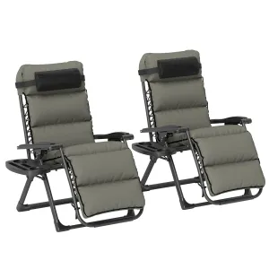 Reclining Folding Outdoor Lounge Chairs with Cushion, Headrest & Side Tray, Gray