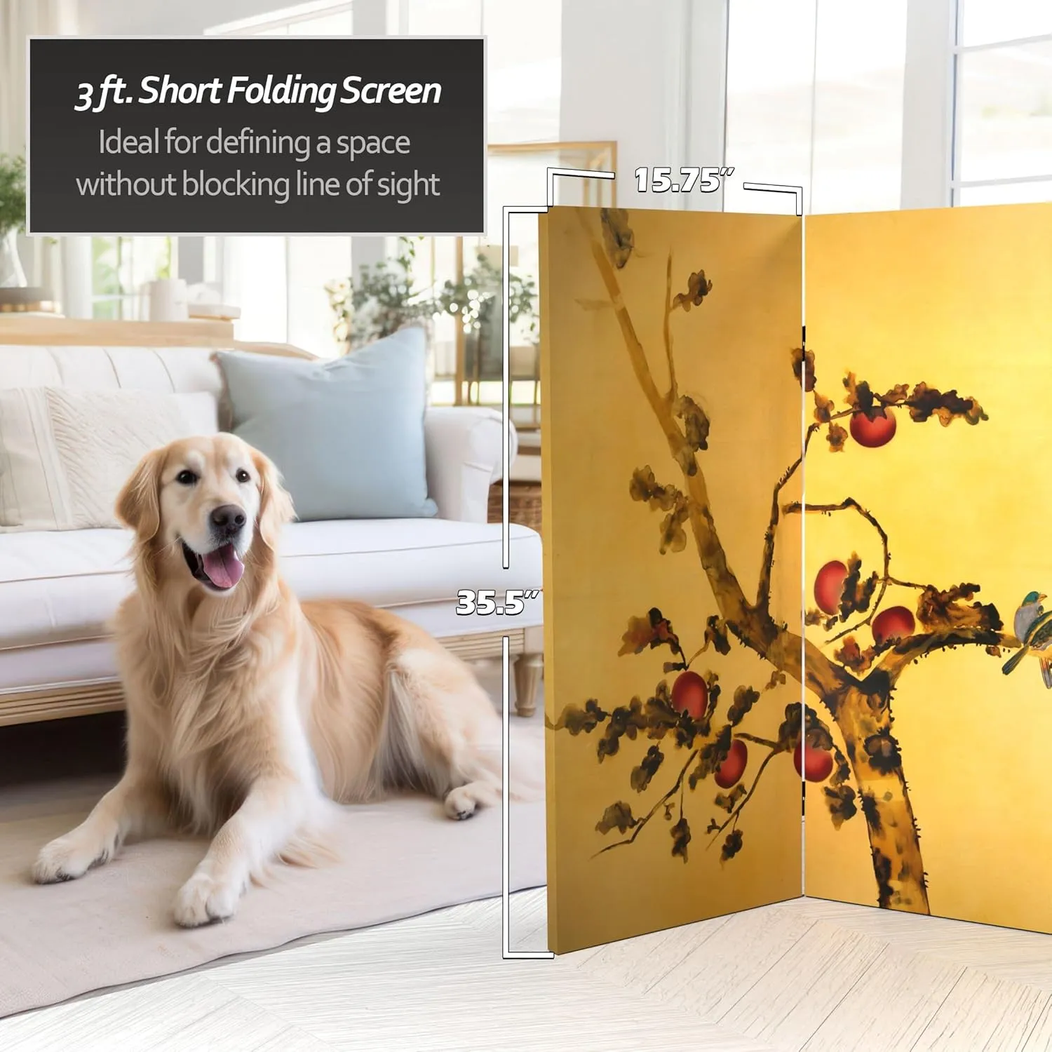Red Lantern 3 ft. Short Double Sided Birds on Plum Tree Canvas Room Divider