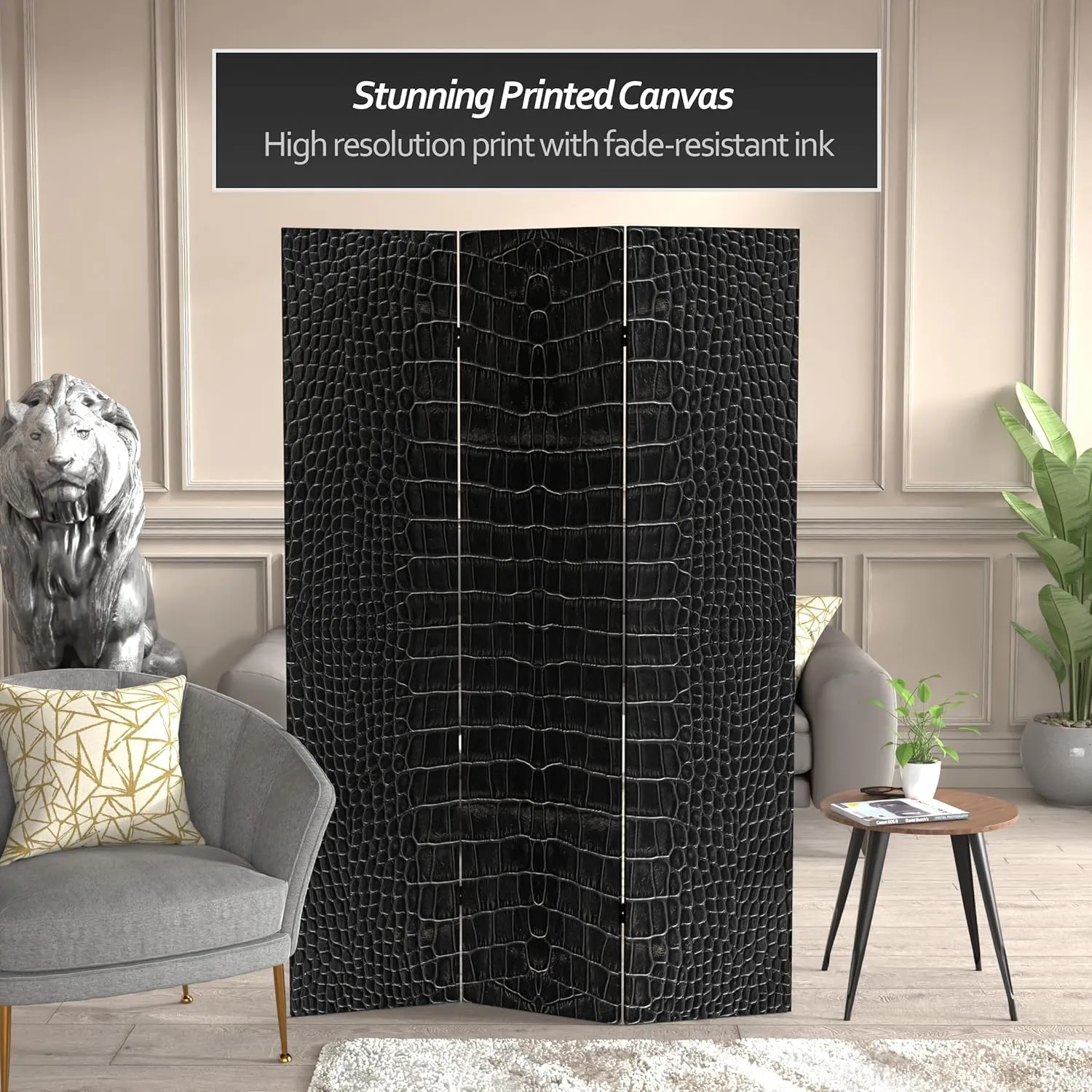 Red Lantern 6 ft. Tall Double Sided Black Crocodile Print Canvas Room Divider 3 Panel Freestanding Folding Privacy Screen Partition and Separator for Modern and Contemporary Bedroom Home Office Studio