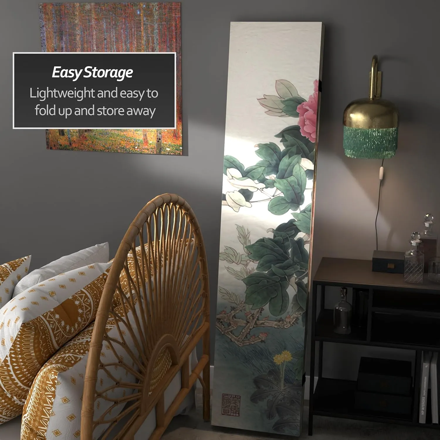 Red Lantern 6 ft. Tall Double Sided Doves and Peonies Canvas Room Divider 4 Panel Freestanding Folding Privacy Screen Partition and Separator for Modern and Contemporary Bedroom Home Office Dorm