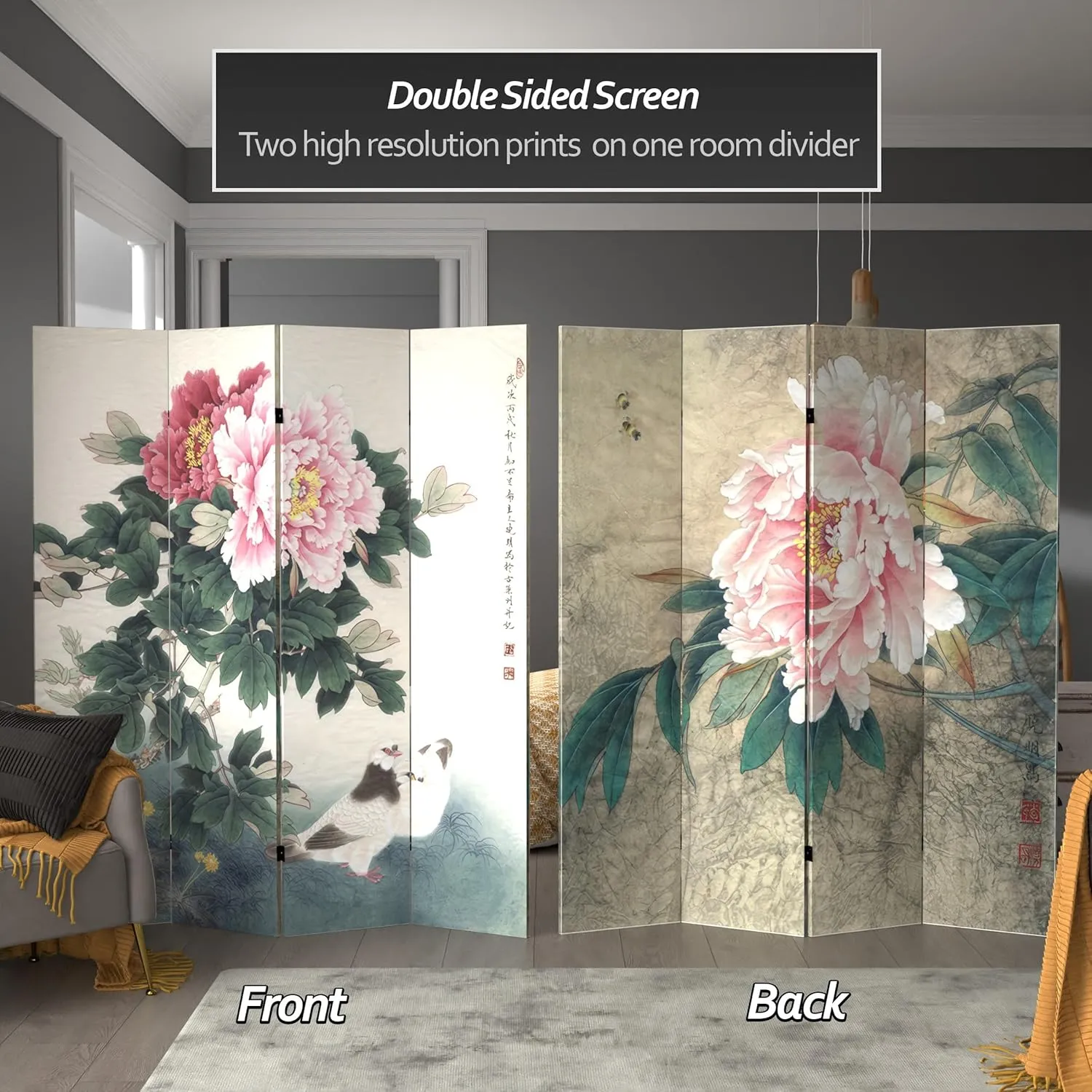 Red Lantern 6 ft. Tall Double Sided Doves and Peonies Canvas Room Divider 4 Panel Freestanding Folding Privacy Screen Partition and Separator for Modern and Contemporary Bedroom Home Office Dorm