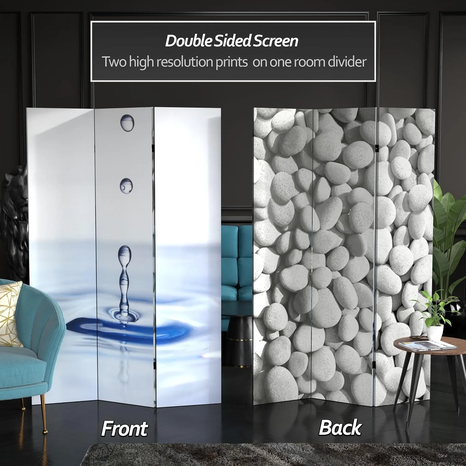 Red Lantern 6 ft. Tall Double Sided Water Zen Canvas Room Divider, 71 inches high and 3 Panels wide