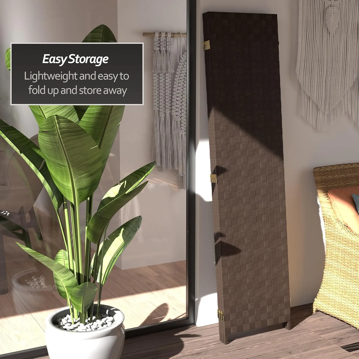 Red Lantern 6 ft. Tall Woven Fiber Outdoor All Weather 3 Panel-Dark Brown Room Divider