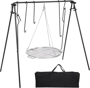 REDCAMP Grill Swing Campfire Grill Stand with Stainless Steel Grill Grate, Collapsible Campfire Cooking Rack w/6 Hooks,Portable Cookware Hanging Rack Camping Bonfire for Cookware & Dutch Oven,Round