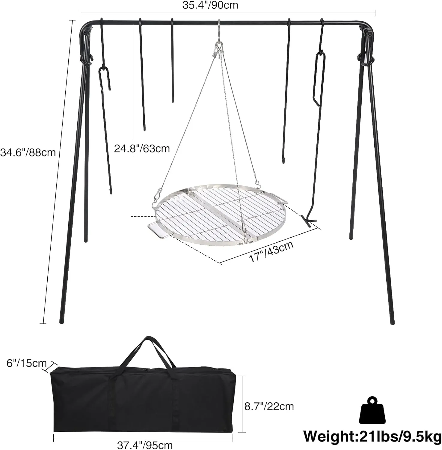 REDCAMP Grill Swing Campfire Grill Stand with Stainless Steel Grill Grate, Collapsible Campfire Cooking Rack w/6 Hooks,Portable Cookware Hanging Rack Camping Bonfire for Cookware & Dutch Oven,Round