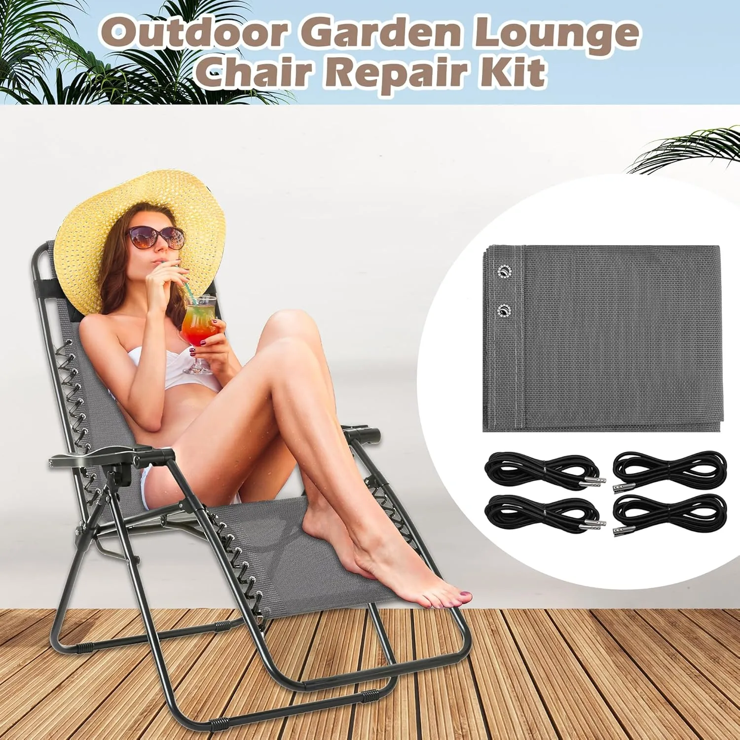 Replacement Fabric for Zero Gravity Chair 21" W x 63“H, Reclining Patio Gravity Chairs Repair Cloth with 4pcs Replacement Cord Laces for Outdoor Lounge Chair (Grey, 21" W x 63“H)
