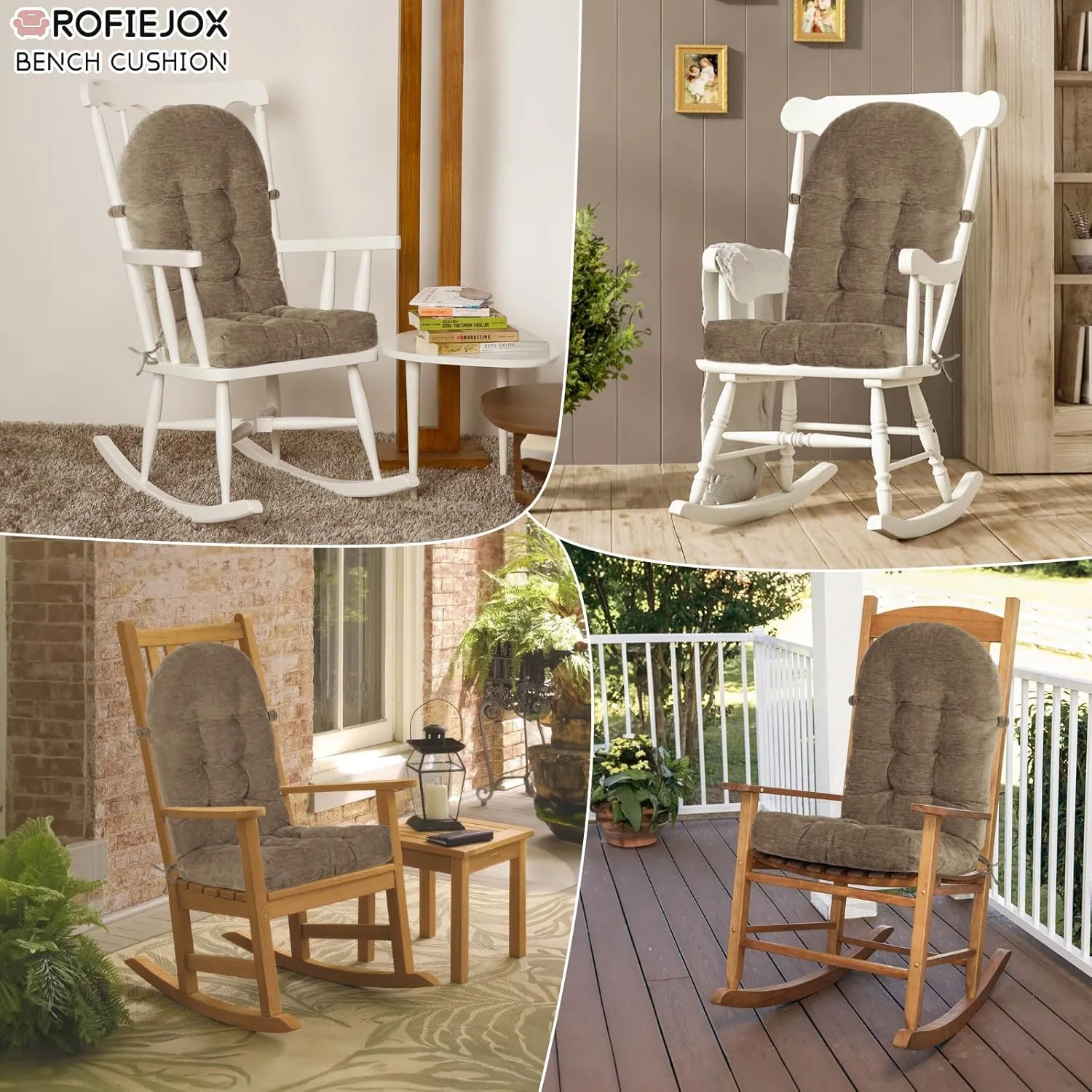 Rocking Chair Cushion - Chenille Fabric, High-Density Sponge, Durable Comfort Non-Slip Bottom Tufted Seat Pads with Ties, Chenille︱Brown, 44x19x4 inch