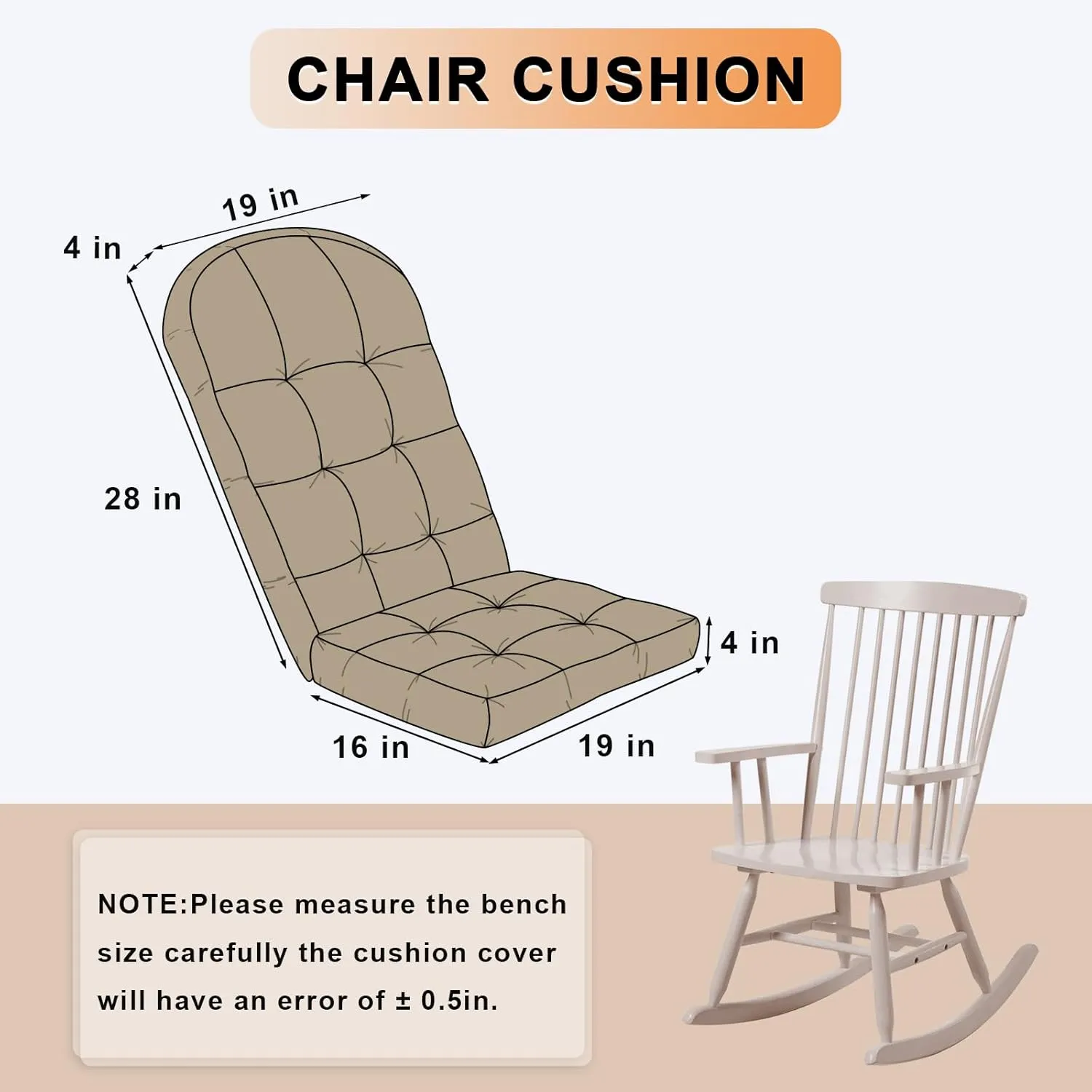 Rocking Chair Cushion - Chenille Fabric, High-Density Sponge, Durable Comfort Non-Slip Bottom Tufted Seat Pads with Ties, Chenille︱Brown, 44x19x4 inch