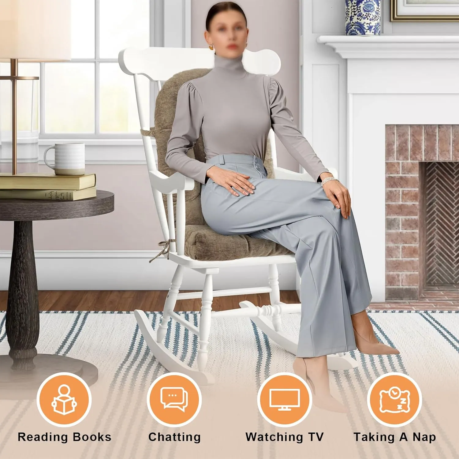 Rocking Chair Cushion - Chenille Fabric, High-Density Sponge, Durable Comfort Non-Slip Bottom Tufted Seat Pads with Ties, Chenille︱Brown, 44x19x4 inch
