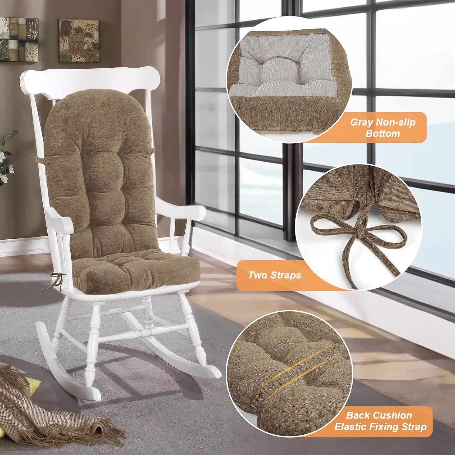 Rocking Chair Cushion - Chenille Fabric, High-Density Sponge, Durable Comfort Non-Slip Bottom Tufted Seat Pads with Ties, Chenille︱Brown, 44x19x4 inch