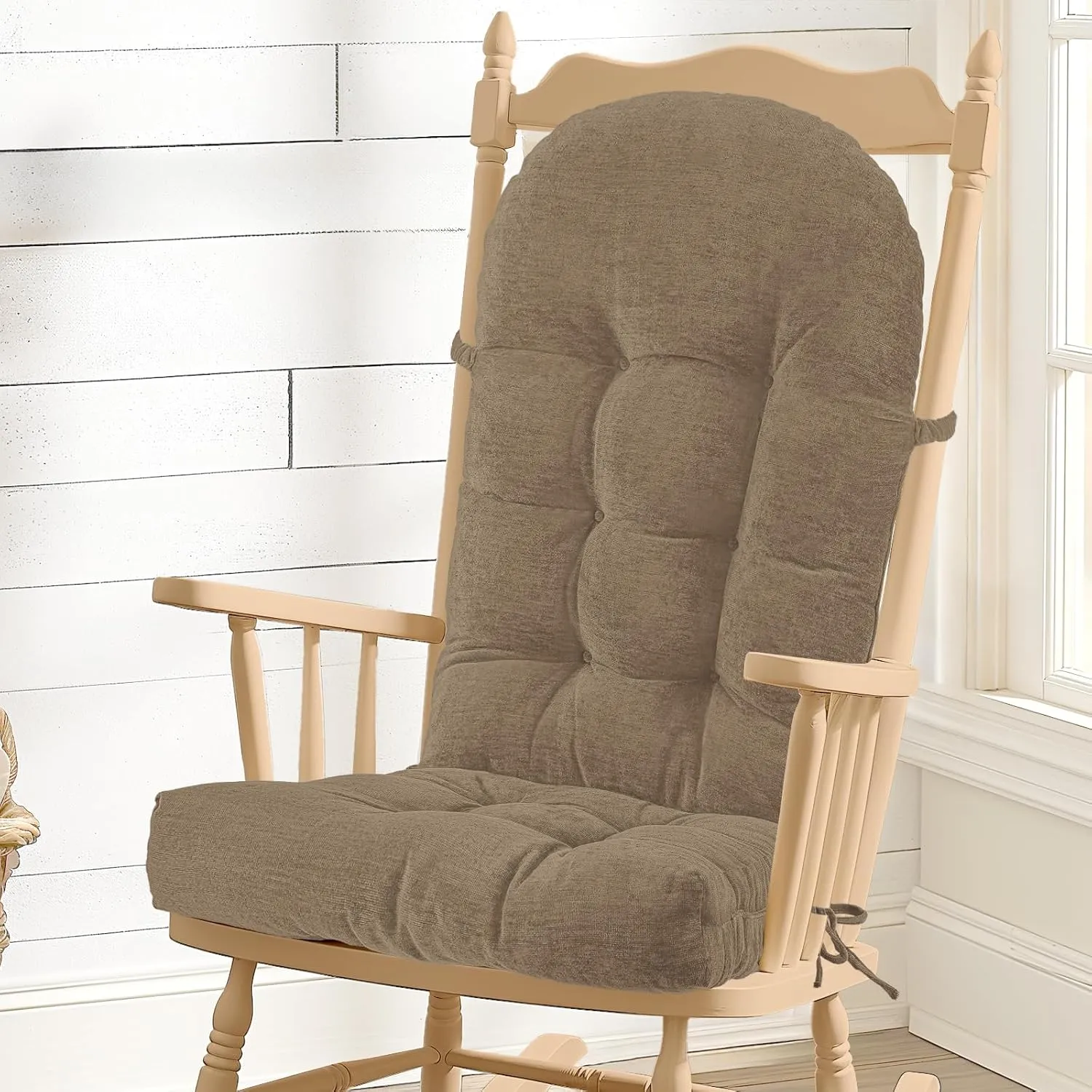 Rocking Chair Cushion - Chenille Fabric, High-Density Sponge, Durable Comfort Non-Slip Bottom Tufted Seat Pads with Ties, Chenille︱Brown, 44x19x4 inch