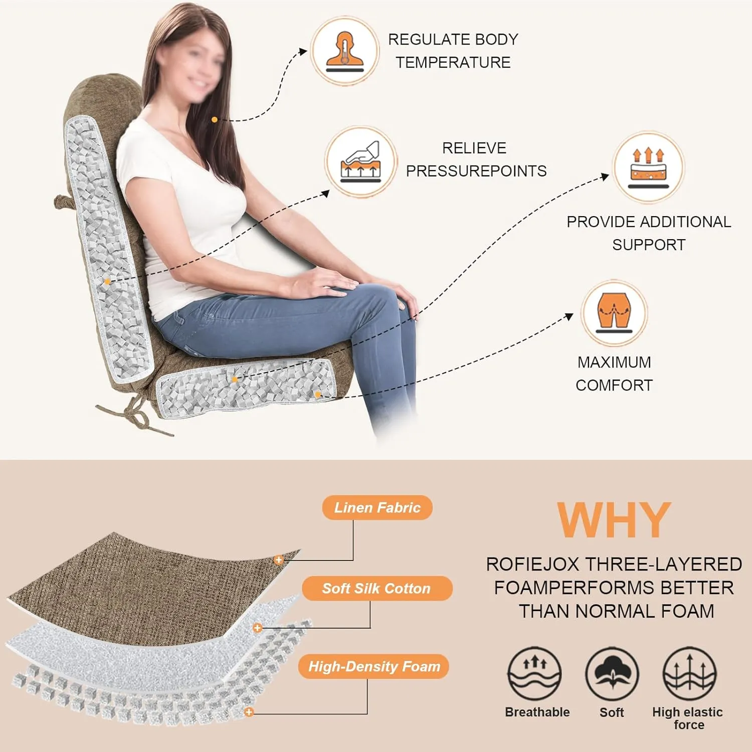 Rocking Chair Cushion - Chenille Fabric, High-Density Sponge, Durable Comfort Non-Slip Bottom Tufted Seat Pads with Ties, Chenille︱Brown, 44x19x4 inch