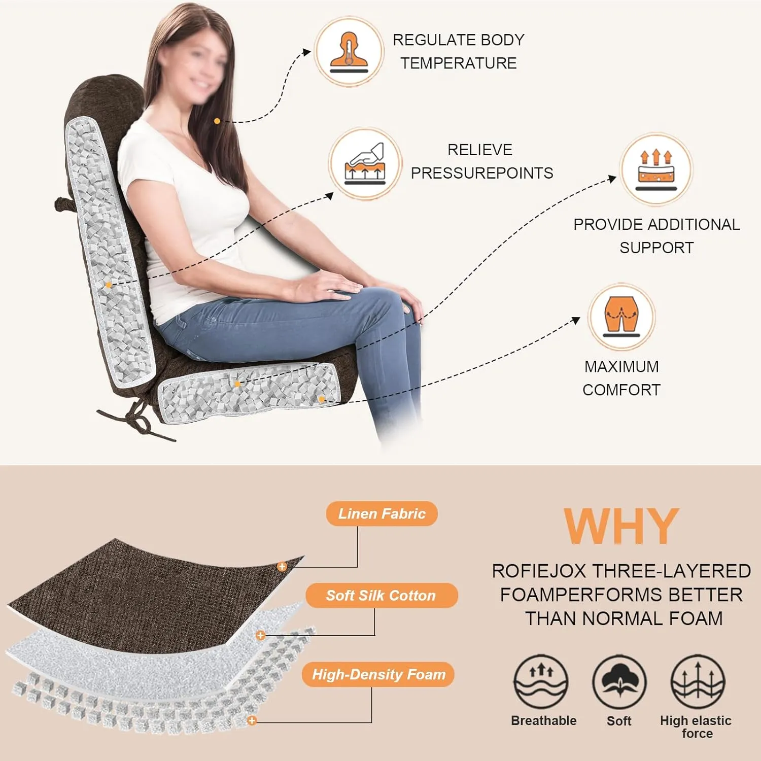 Rocking Chair Cushion - Chenille Fabric, High-Density Sponge, Durable Comfort Non-Slip Bottom Tufted Seat Pads with Ties, Chenille︱Dark Brown, 44x19x4 inch
