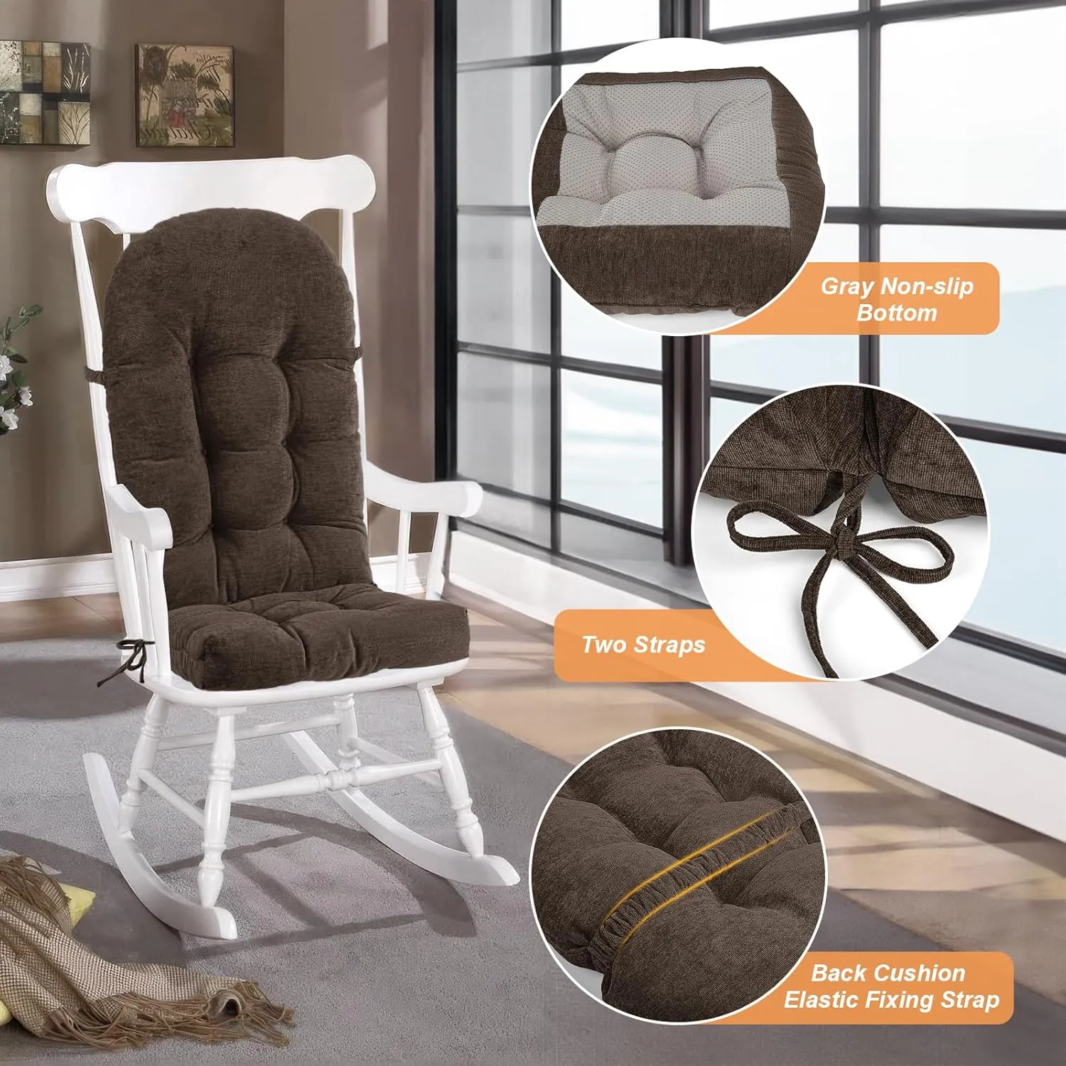 Rocking Chair Cushion - Chenille Fabric, High-Density Sponge, Durable Comfort Non-Slip Bottom Tufted Seat Pads with Ties, Chenille︱Dark Brown, 44x19x4 inch