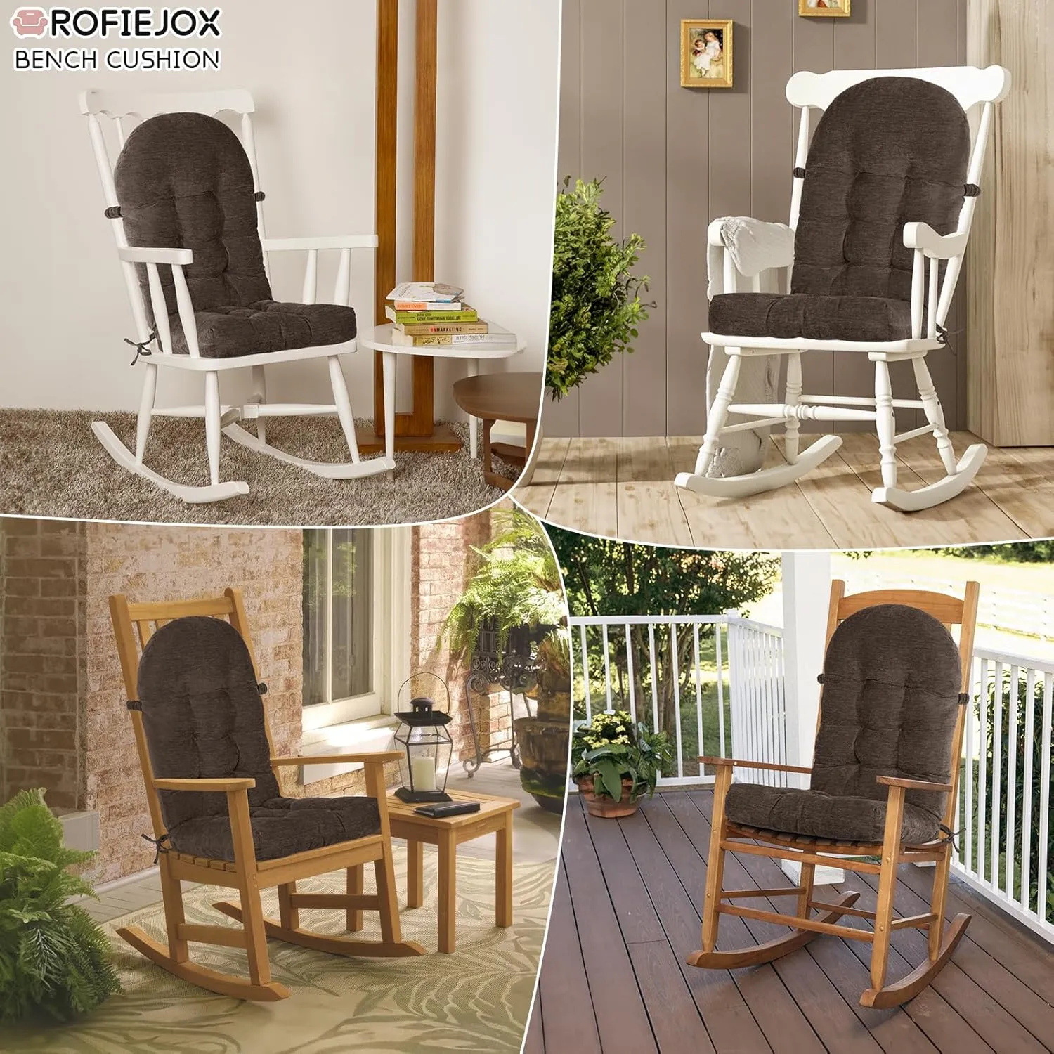 Rocking Chair Cushion - Chenille Fabric, High-Density Sponge, Durable Comfort Non-Slip Bottom Tufted Seat Pads with Ties, Chenille︱Dark Brown, 44x19x4 inch