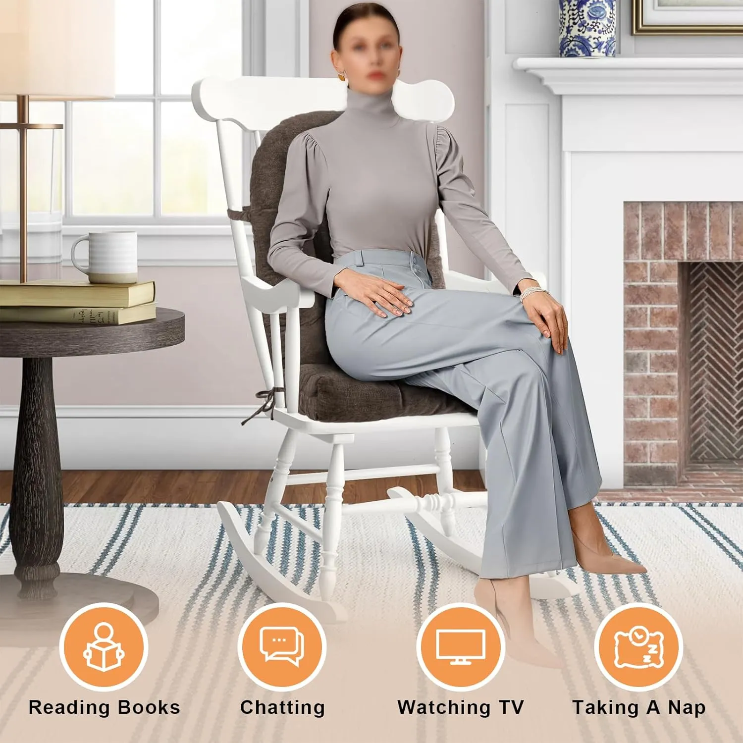 Rocking Chair Cushion - Chenille Fabric, High-Density Sponge, Durable Comfort Non-Slip Bottom Tufted Seat Pads with Ties, Chenille︱Dark Brown, 44x19x4 inch