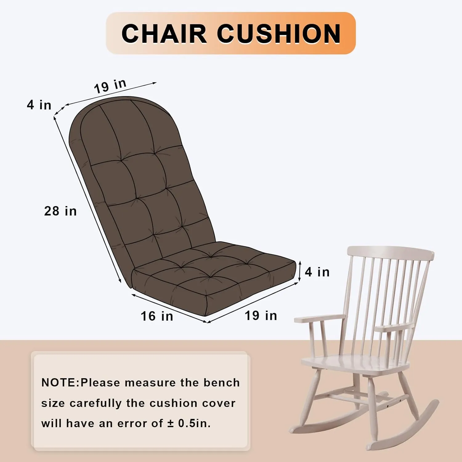 Rocking Chair Cushion - Chenille Fabric, High-Density Sponge, Durable Comfort Non-Slip Bottom Tufted Seat Pads with Ties, Chenille︱Dark Brown, 44x19x4 inch
