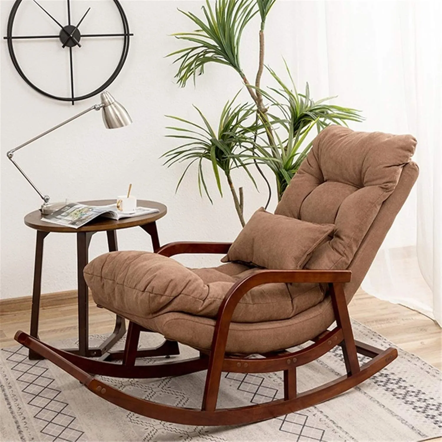 Rocking Outdoor Lounger Chair Chaise Lounge Zero Gravity Rocker,Nordic Leisure Rocking Chair Recliner for Adults Brown Fabric Easy Chair for Balcony Home and Patio 148x60x88cm