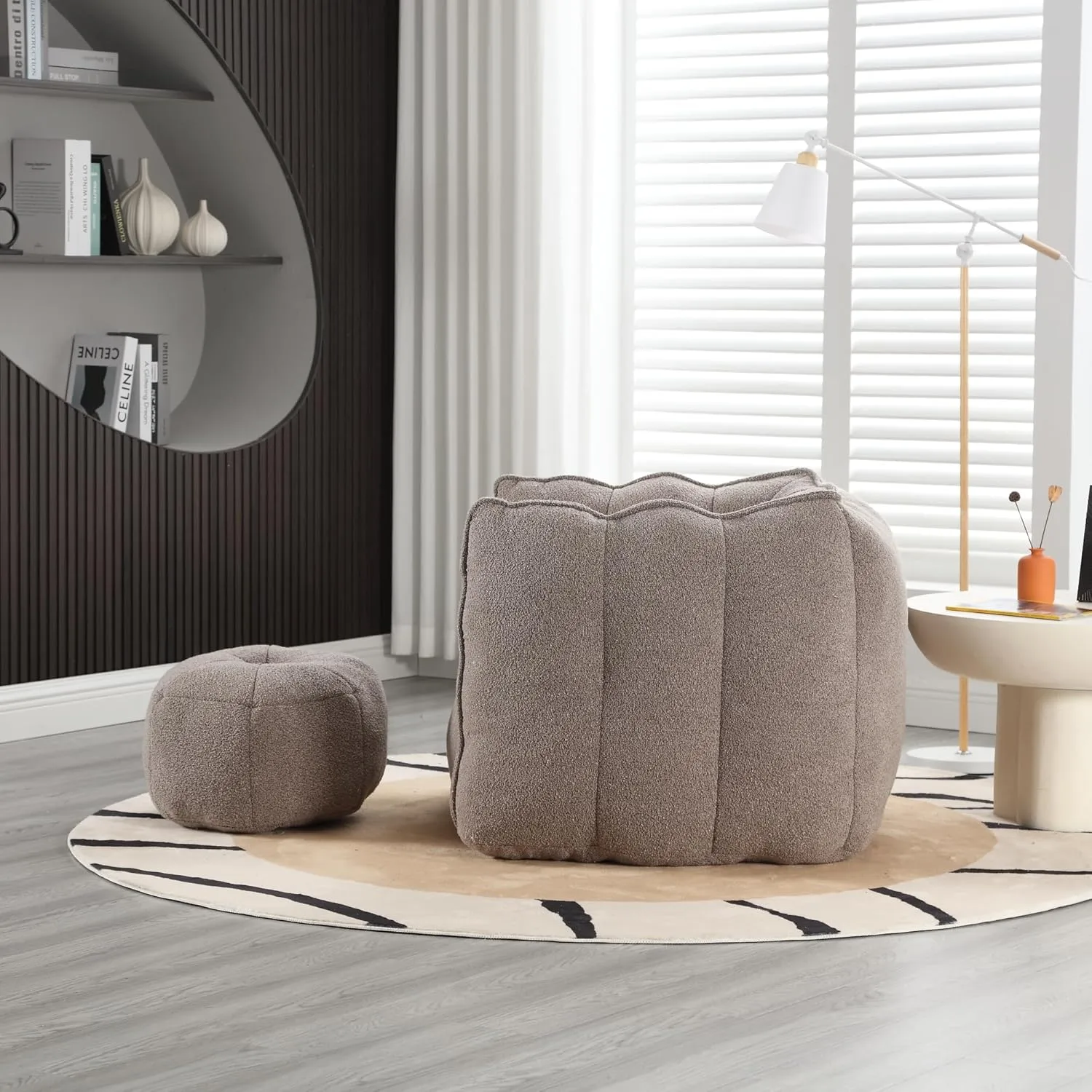 roomfitters Soft Bean Bag Chair with High Resilient Foam Chips for Living Room and Bedroom | Comfortable Square Lazy Sofa with Footstool | Adult Gaming, Reading, and TV Cover (Coffee)