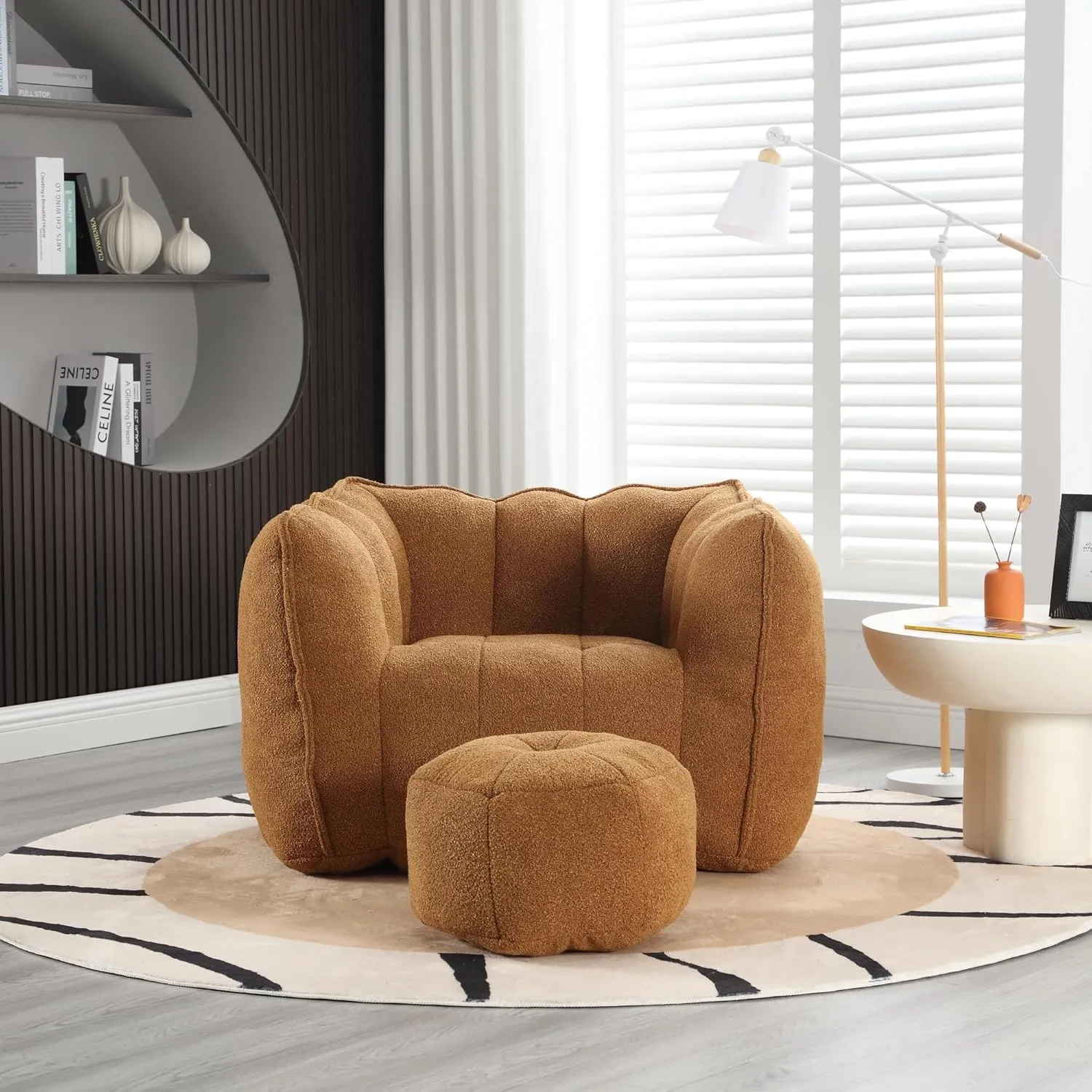 roomfitters Soft Bean Bag Chair with High Resilient Foam Chips for Living Room and Bedroom | Comfortable Square Lazy Sofa with Footstool | Adult Gaming, Reading, and TV Cover (Khaki Yellow)