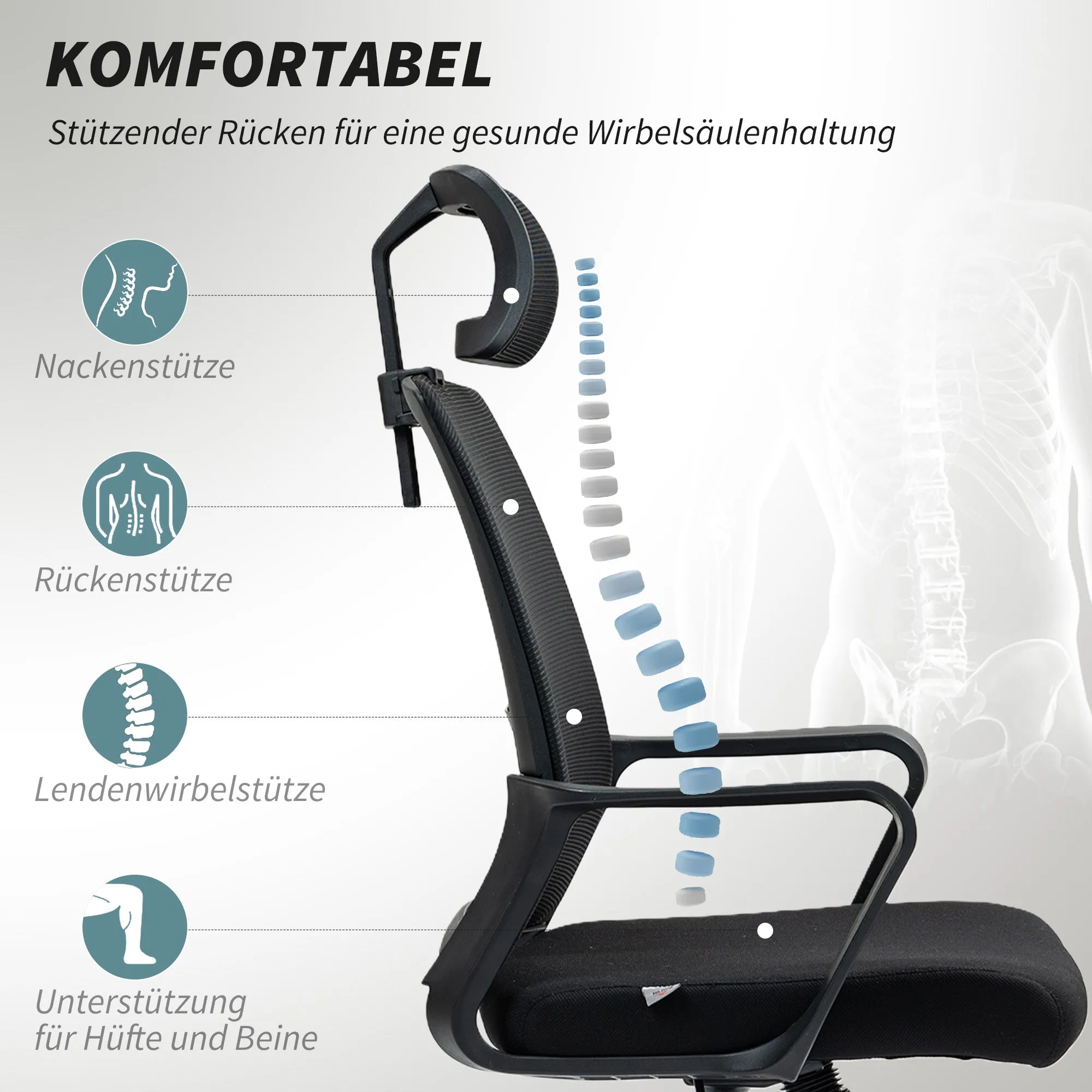 Rootz Adjustable Office Chair - Desk Chair - Swivel Chair - Neck Support - Black - 60cm x 64cm x 102-112cm