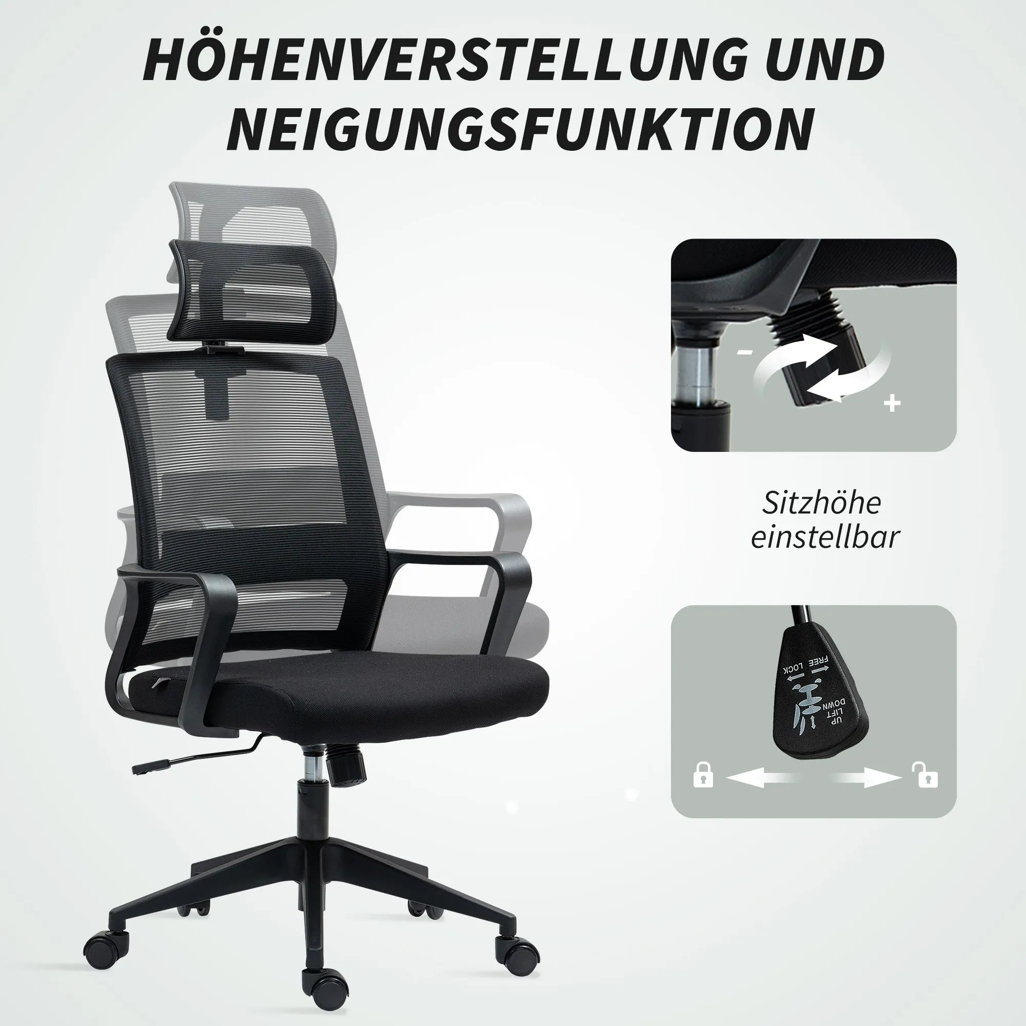 Rootz Adjustable Office Chair - Desk Chair - Swivel Chair - Neck Support - Black - 60cm x 64cm x 102-112cm
