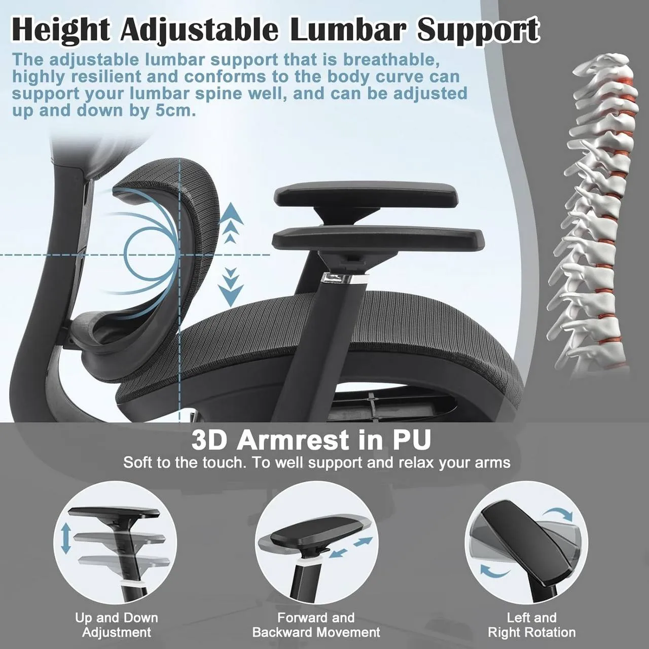 Rootz Ergonomic Mesh Office Chair - Desk Chair - Adjustable Lumbar Support - 3D Armrests - Breathable Seat - 49.5cm x 49.5cm x 74.5cm