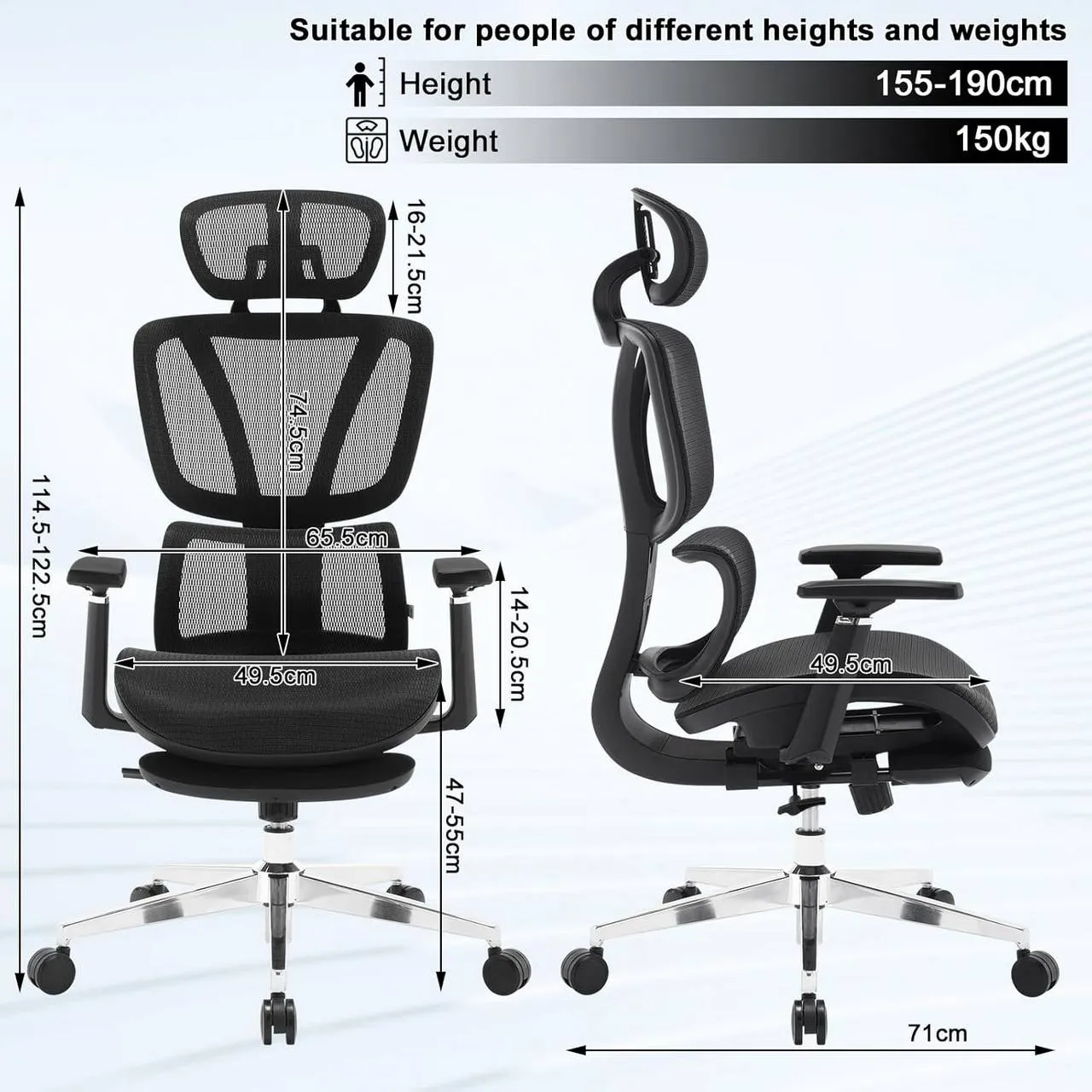 Rootz Ergonomic Mesh Office Chair - Desk Chair - Adjustable Lumbar Support - 3D Armrests - Breathable Seat - 49.5cm x 49.5cm x 74.5cm