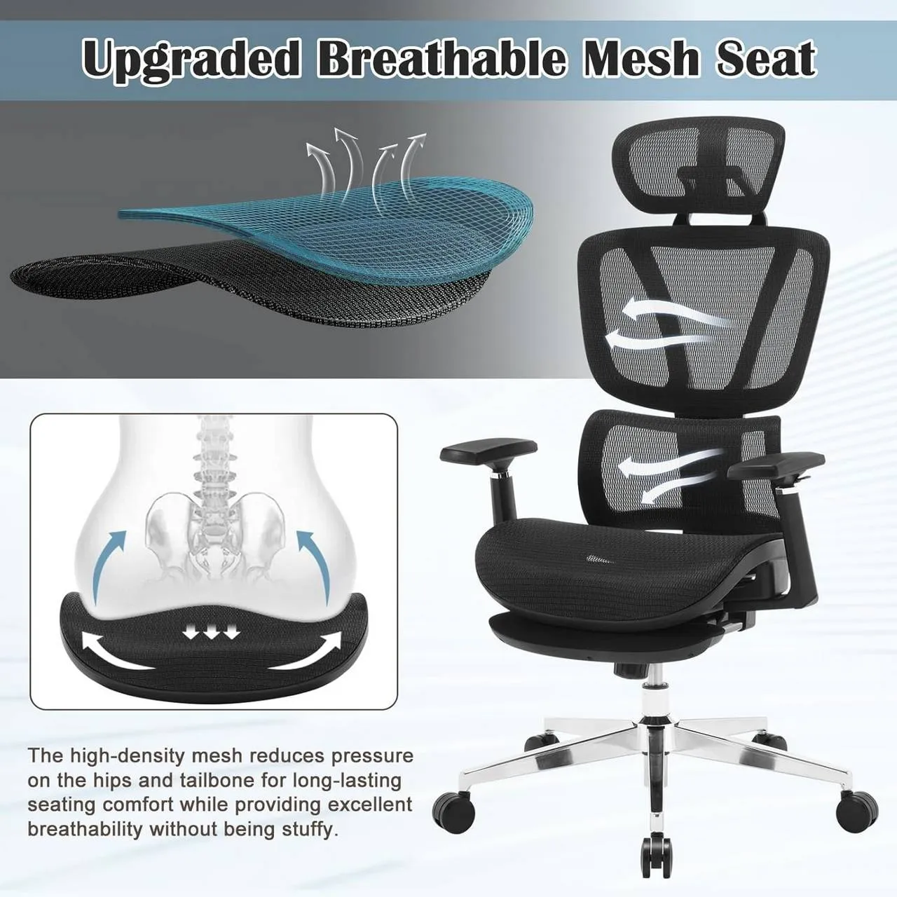 Rootz Ergonomic Mesh Office Chair - Desk Chair - Adjustable Lumbar Support - 3D Armrests - Breathable Seat - 49.5cm x 49.5cm x 74.5cm
