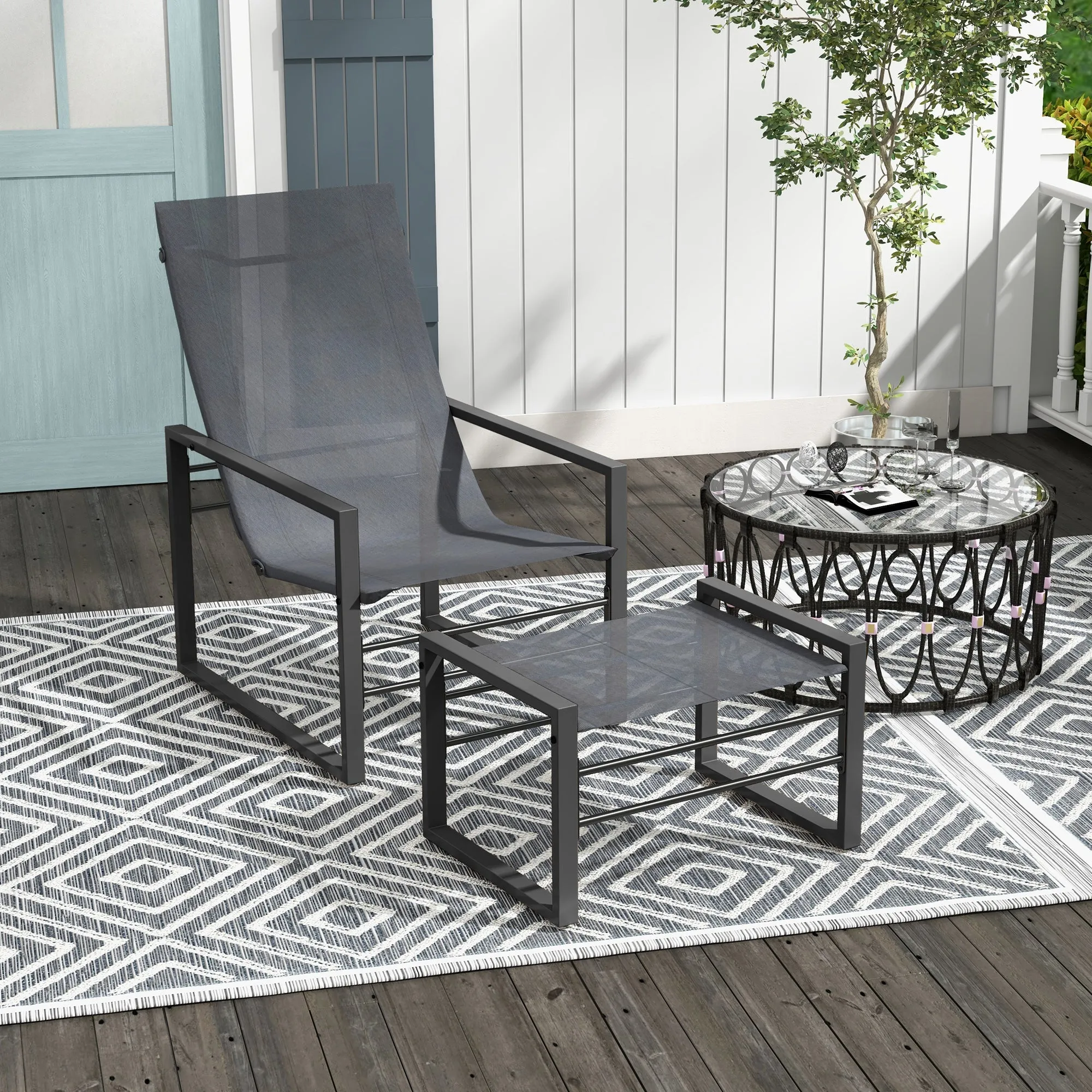 Rootz Garden Relax Armchair & Footrest - Deck Chair - Metal Structure - Breathable Mesh - 66cm x 88cm x 95cm - Stylish Grey Finish