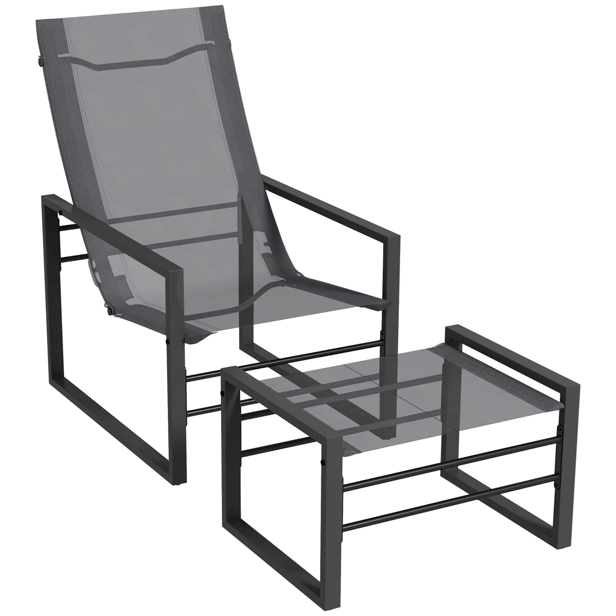 Rootz Garden Relax Armchair & Footrest - Deck Chair - Metal Structure - Breathable Mesh - 66cm x 88cm x 95cm - Stylish Grey Finish