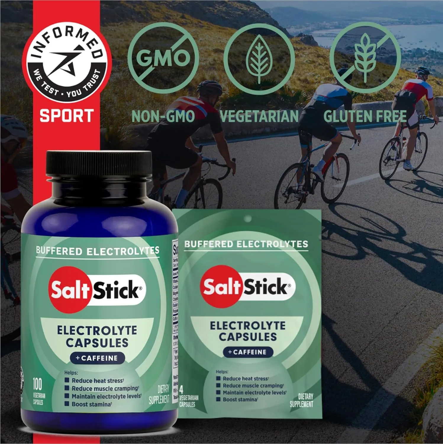SaltStick Electrolytes with Caffeine - Salt Pills and Electrolytes for Running, Hydration, Leg Cramps Relief, Sports Recovery, Hiking Essentials - Salt, Magnesium, Potassium, Vitamin D3 - 100 Count