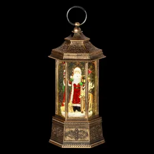 Santa Claus & Reindeer In Bronze Lantern Water Spinner